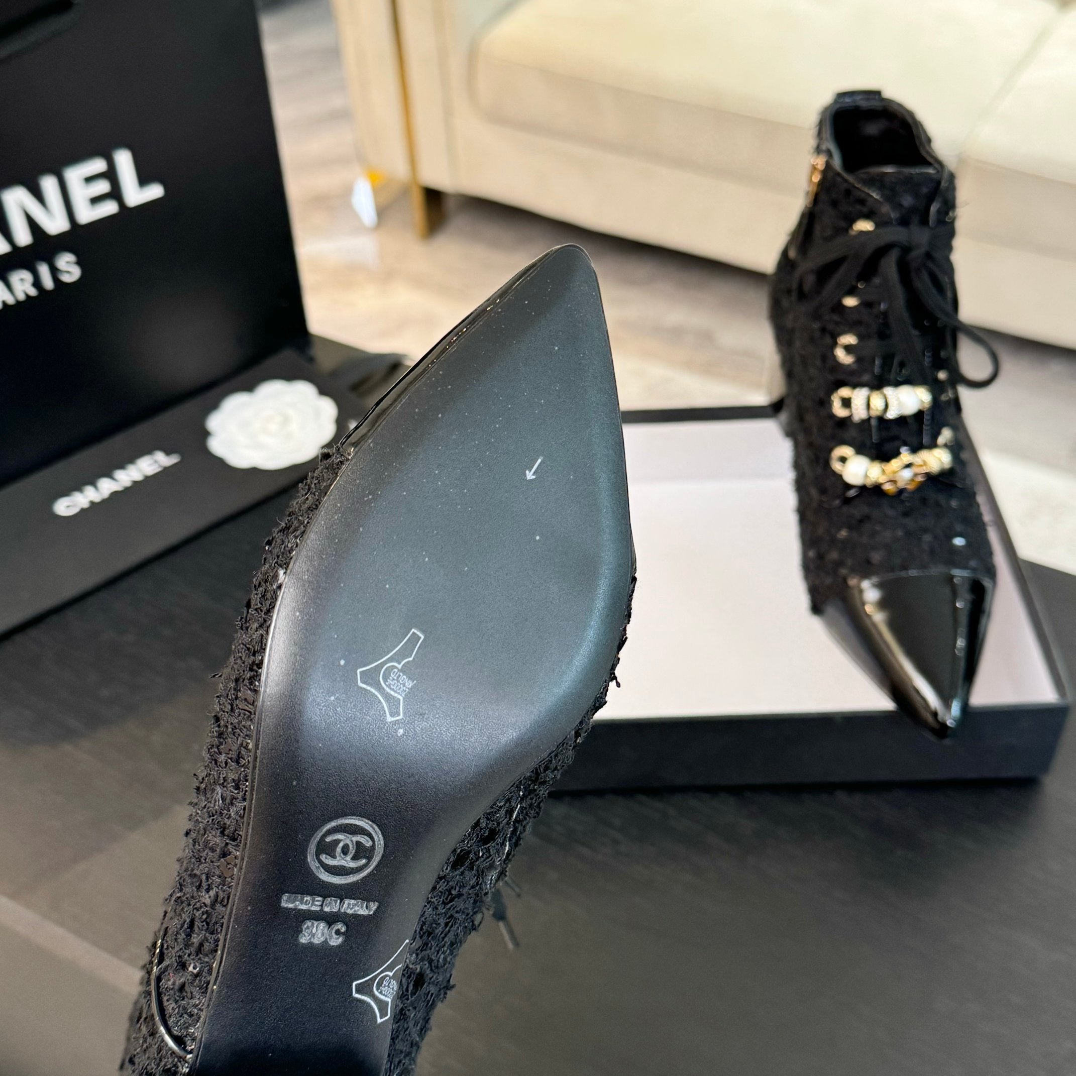 CC Ankle Boots Black Beaded Tweed Fabric And Lambskin