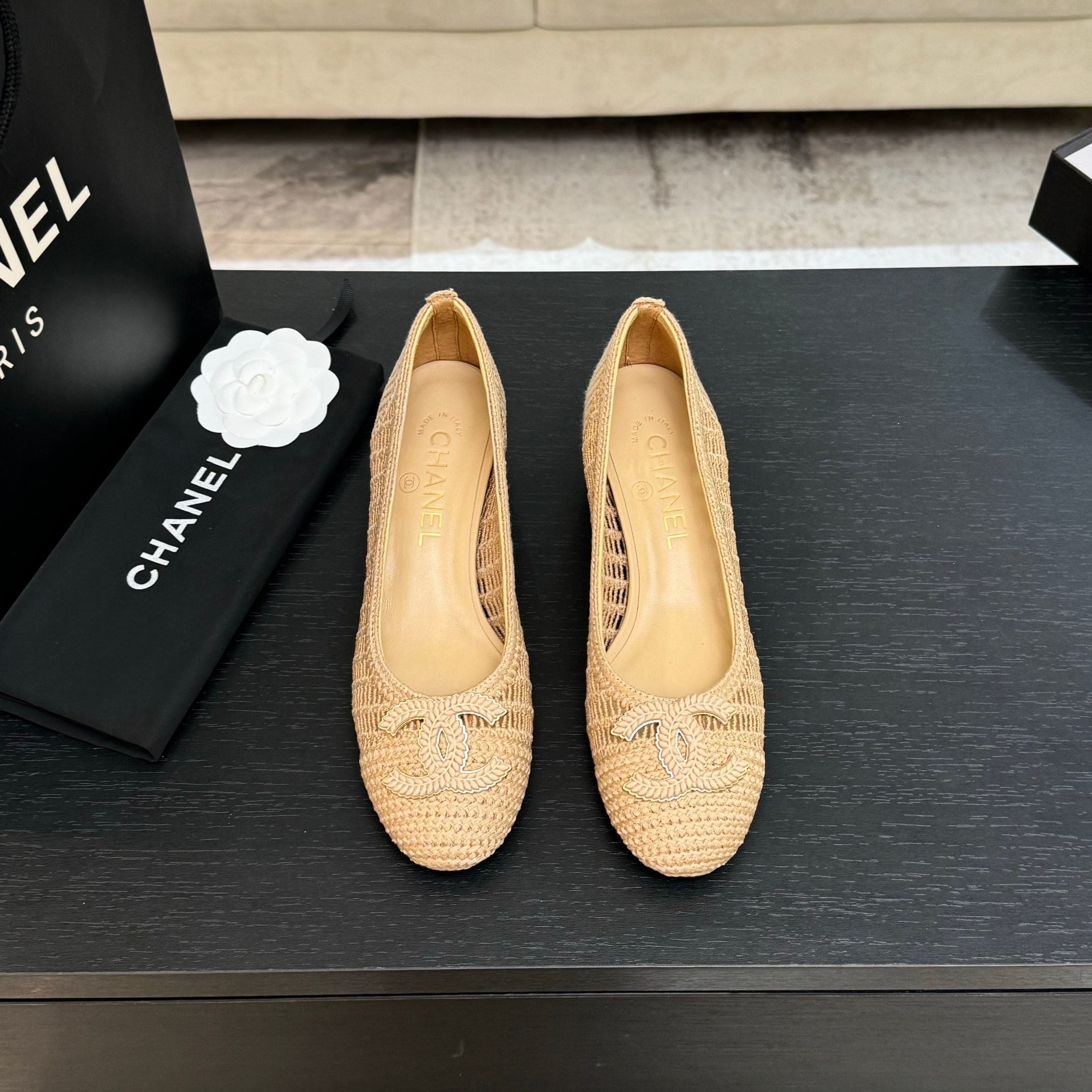 CC 25P Ballet Heel 50mm Beige Raffia Large Logo
