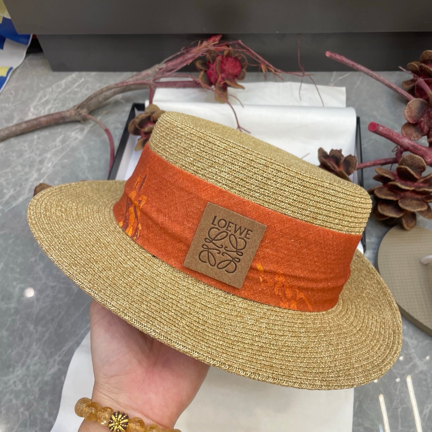 Loewe Floral Ribbon Band Straw Hat 216016