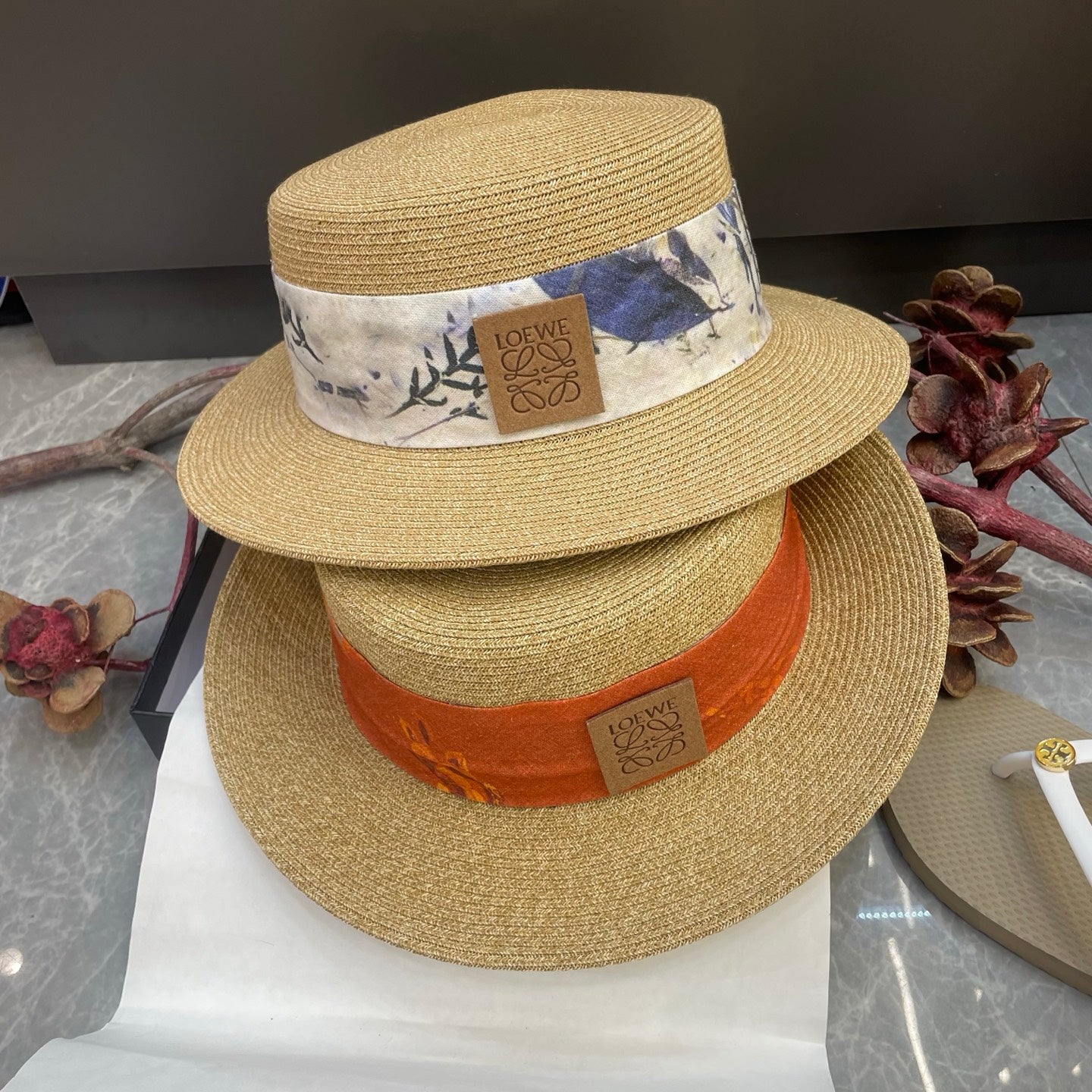 Loewe Floral Ribbon Band Straw Hat 216016