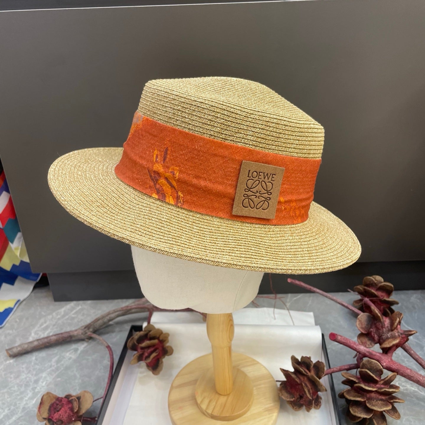 Loewe Floral Ribbon Band Straw Hat 216016
