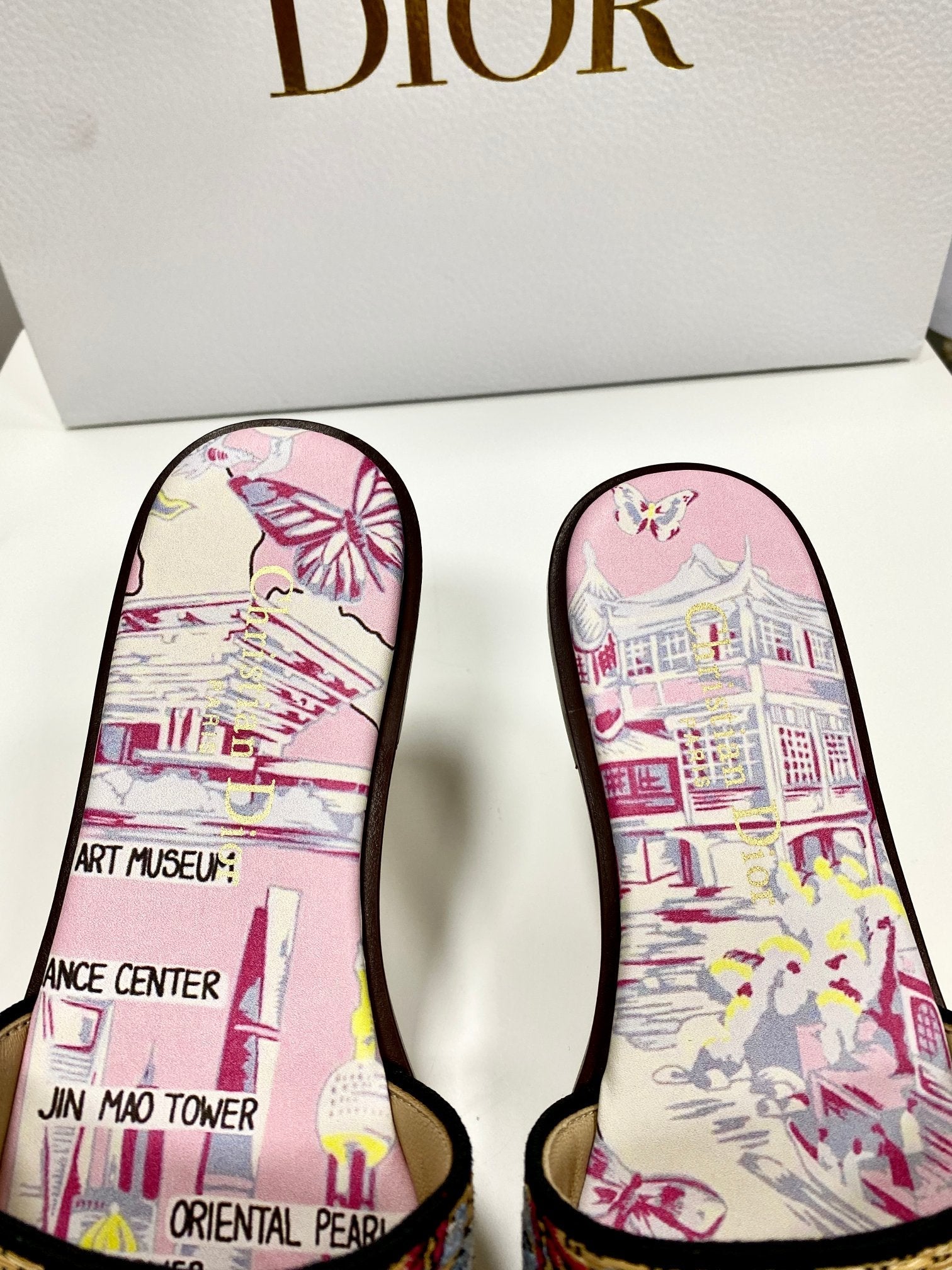 CD 26s Embroidered Sandals Pink Beige Multicolor Canvas Leather 683005