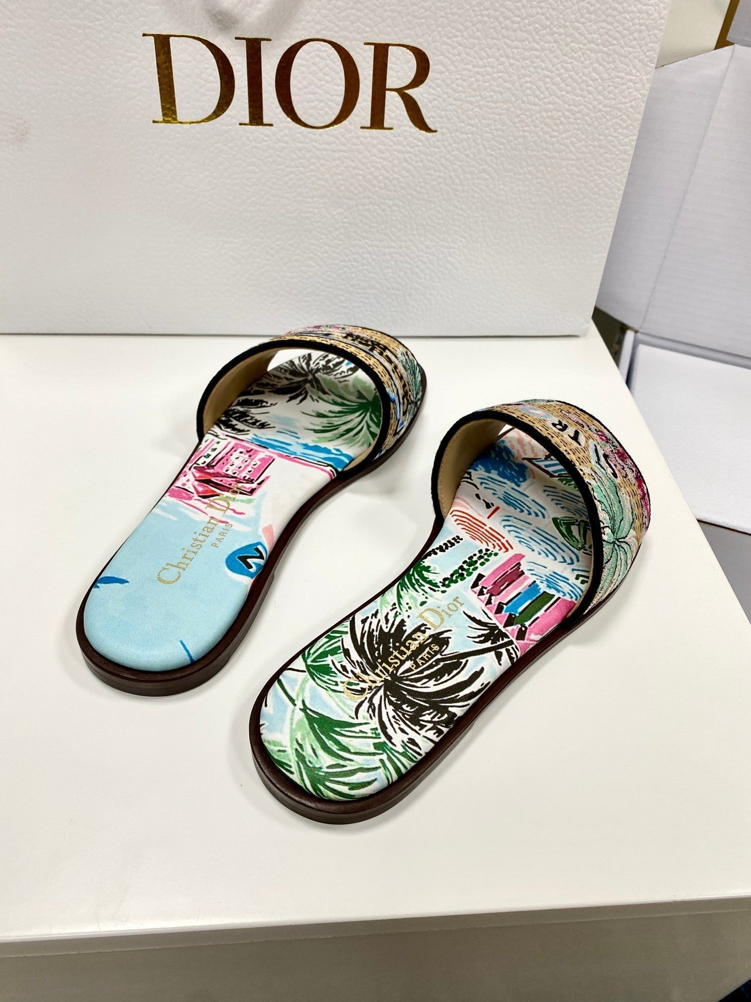 CD 26s Embroidered Sandals Blue Multicolor Canvas Leather 683006