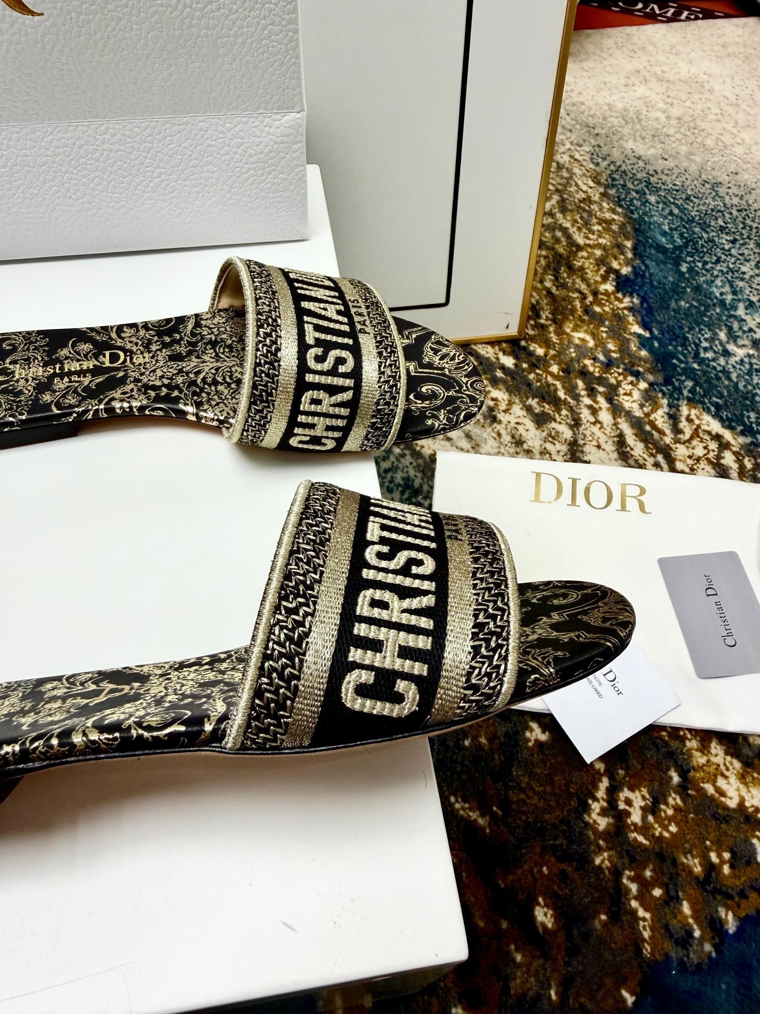 CD 26s Embroidered Sandals White Gold Genuine Leather 683023