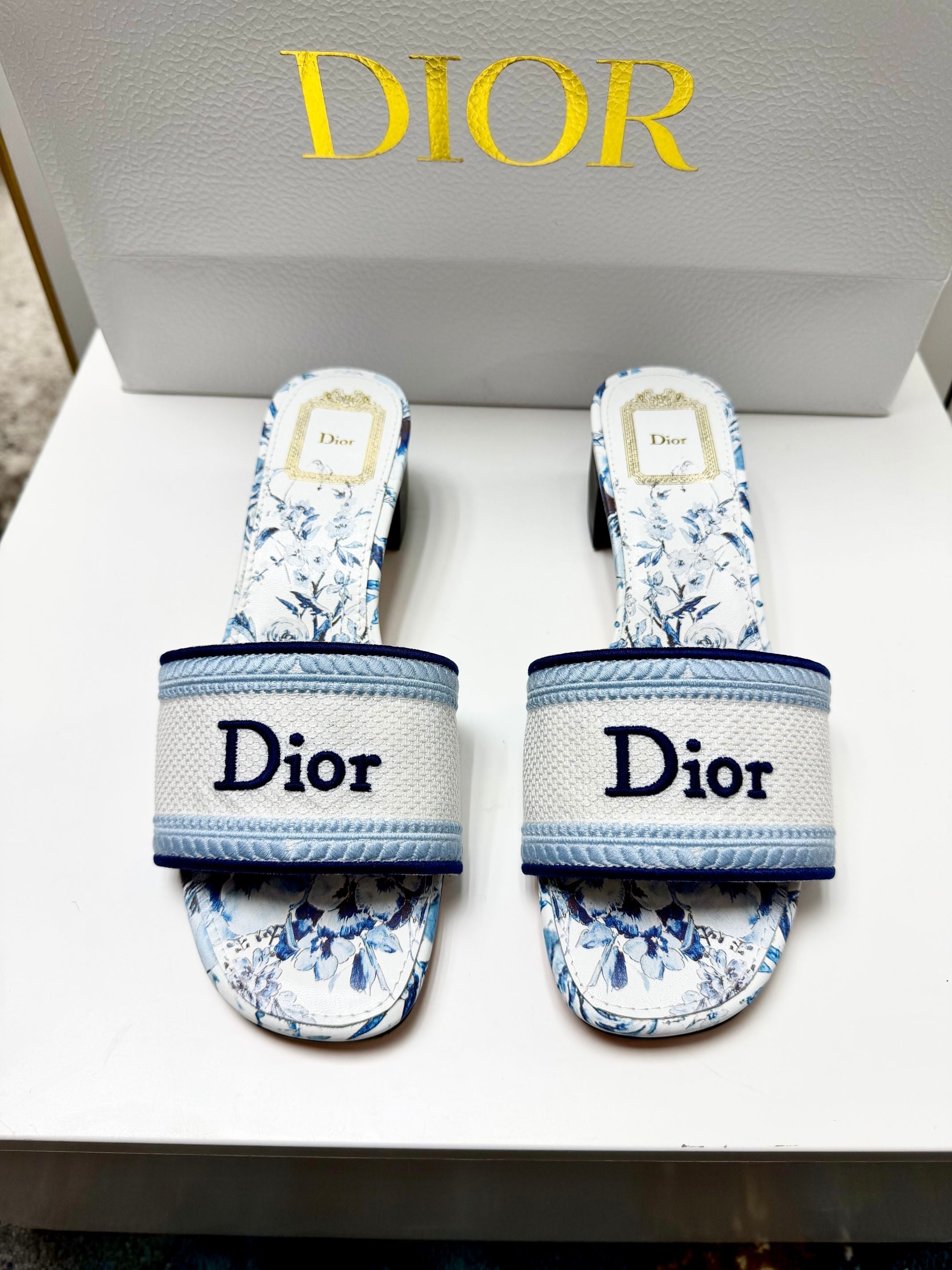CD 26s Floral Embroidered Sandals White Blue Canvas 683028