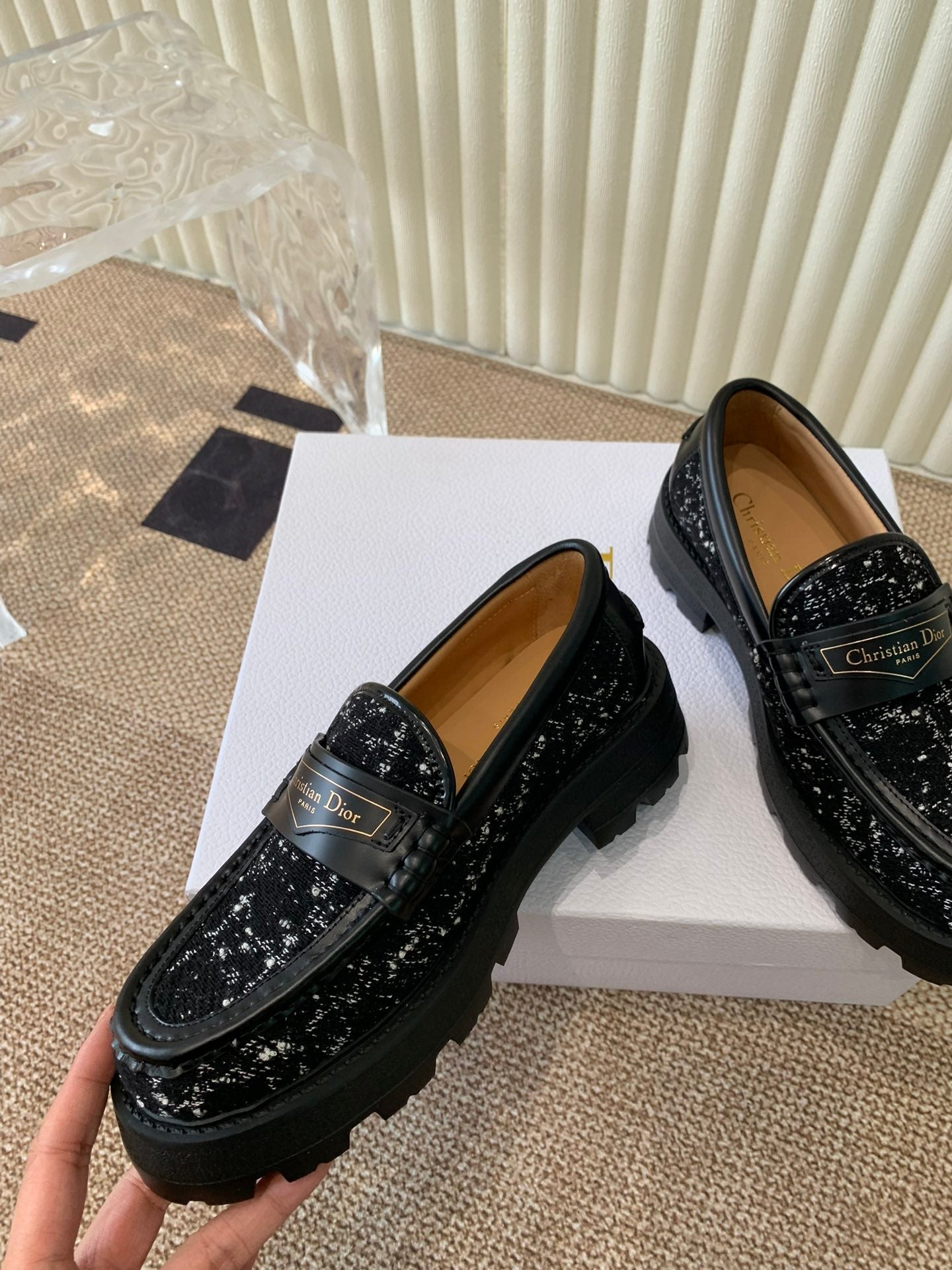 CD Boy Platform Loafer In Black Tweed Fabric And Cowhide 113487
