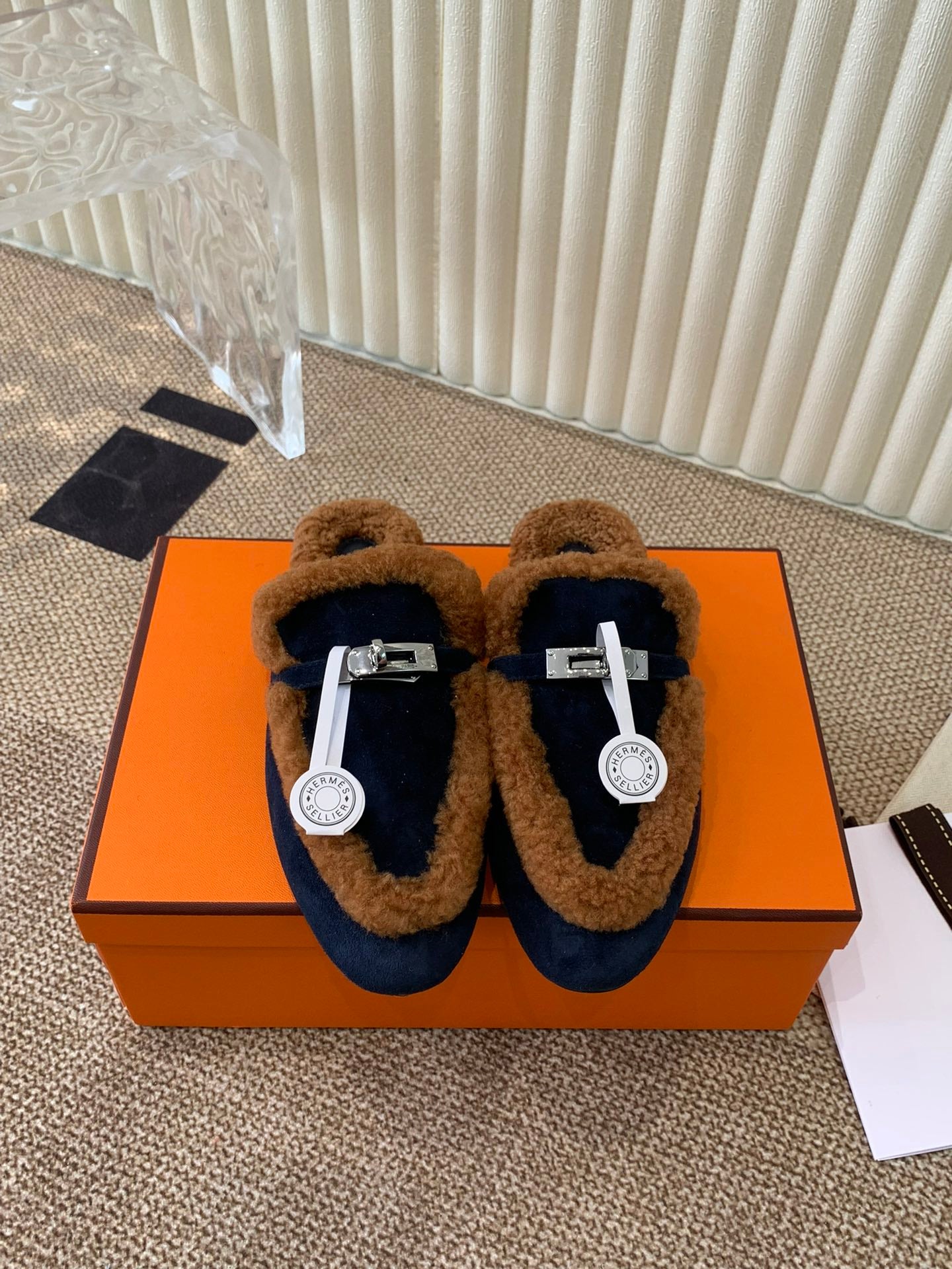 HM Oz Mule In Navy Blue mix Brown Suede Lined With Wool Fleece 113195
