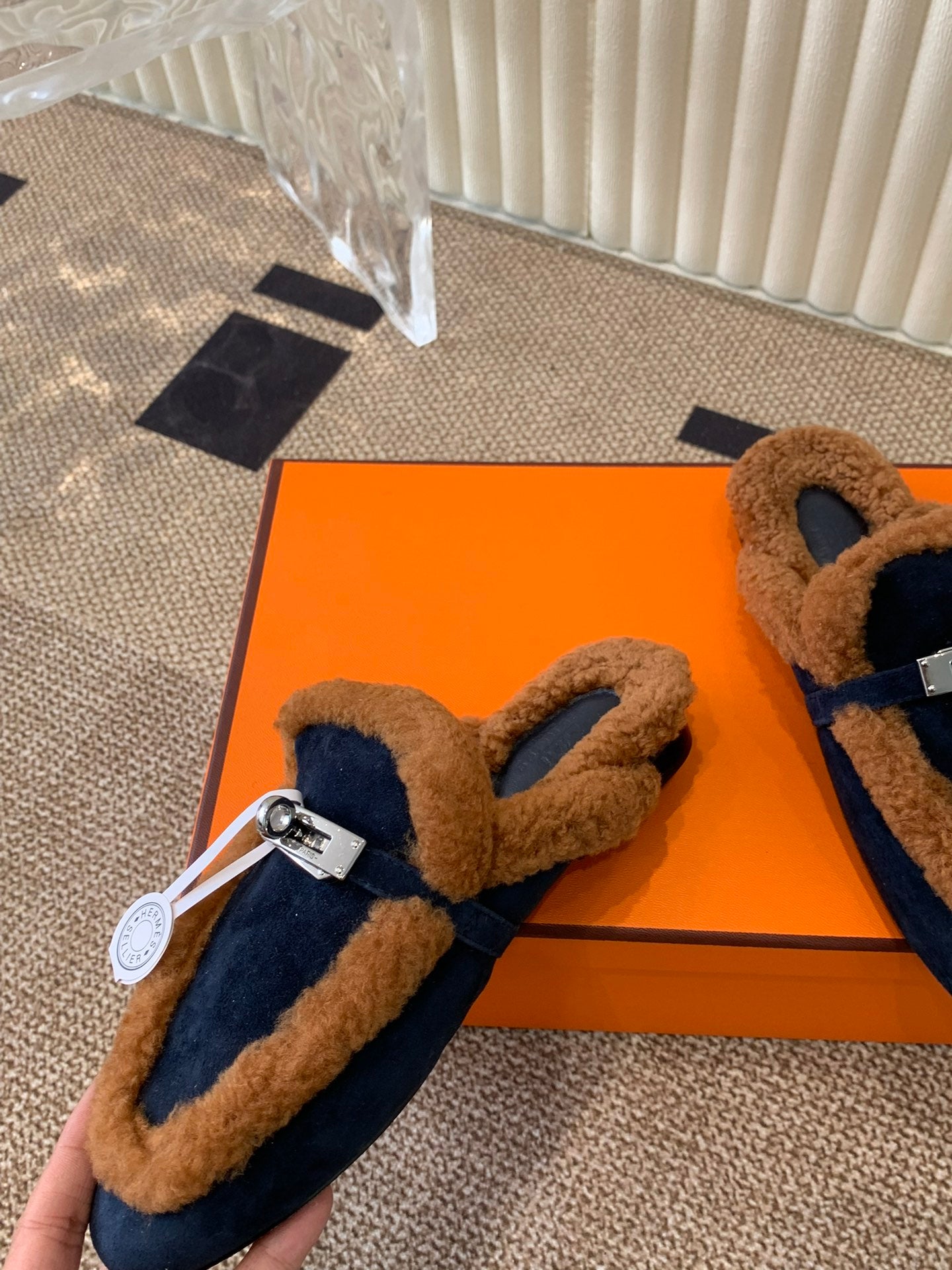 HM Oz Mule In Navy Blue mix Brown Suede Lined With Wool Fleece 113195