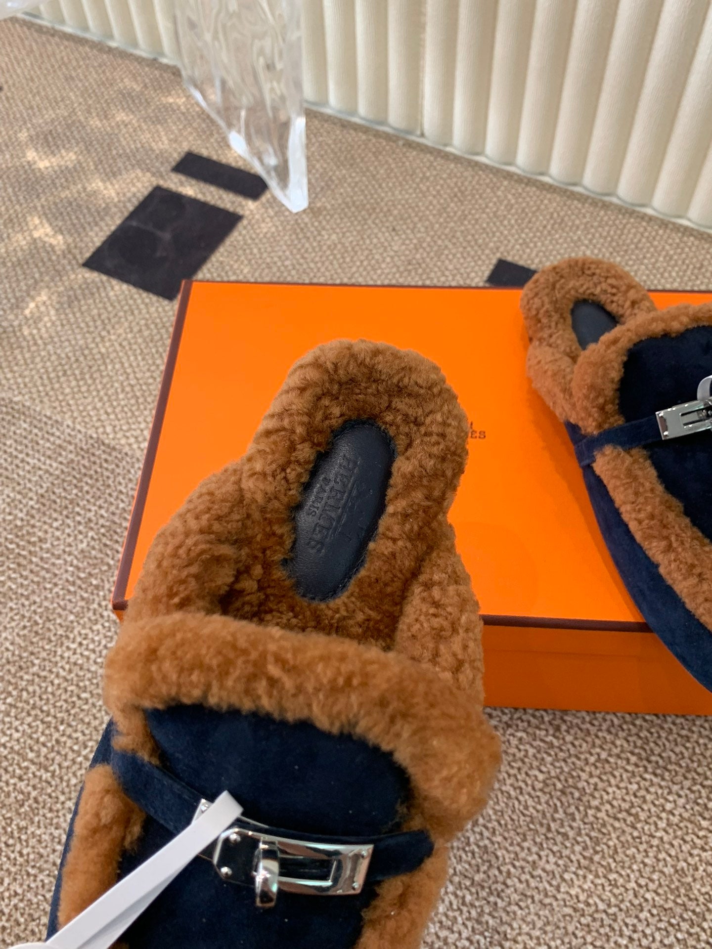 HM Oz Mule In Navy Blue mix Brown Suede Lined With Wool Fleece 113195