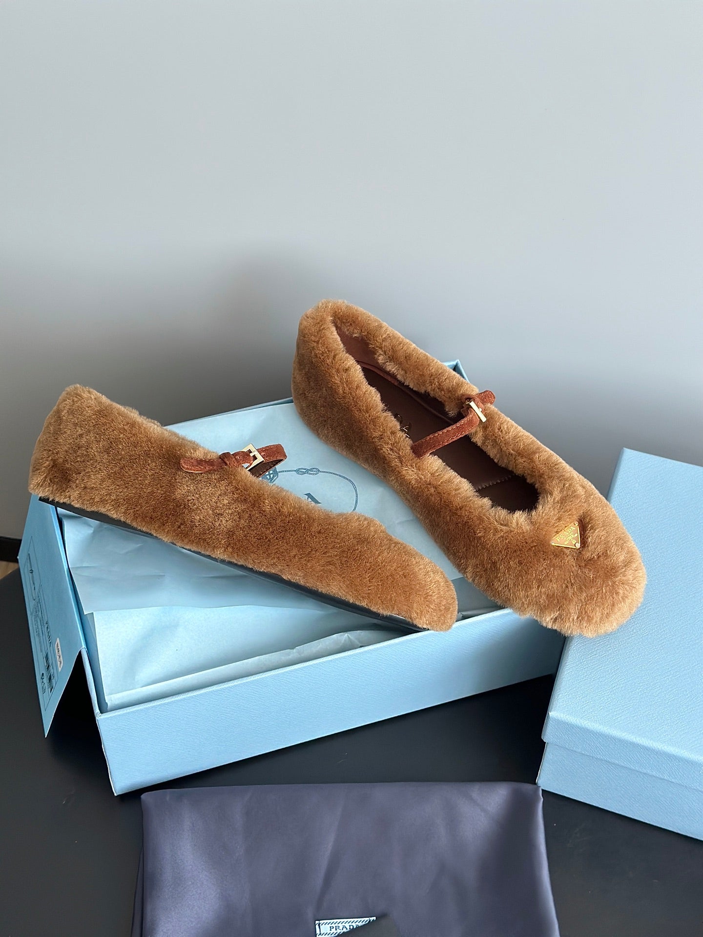 Prada 25s Mary Jane Ballet Flats Caramel Brown Wool 538455