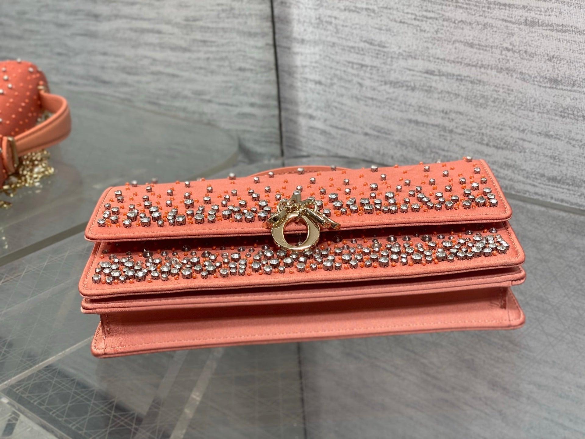 Dior 2026 Crystal Embellishments Lady Bag 24cm Coral Orange Leather 355276