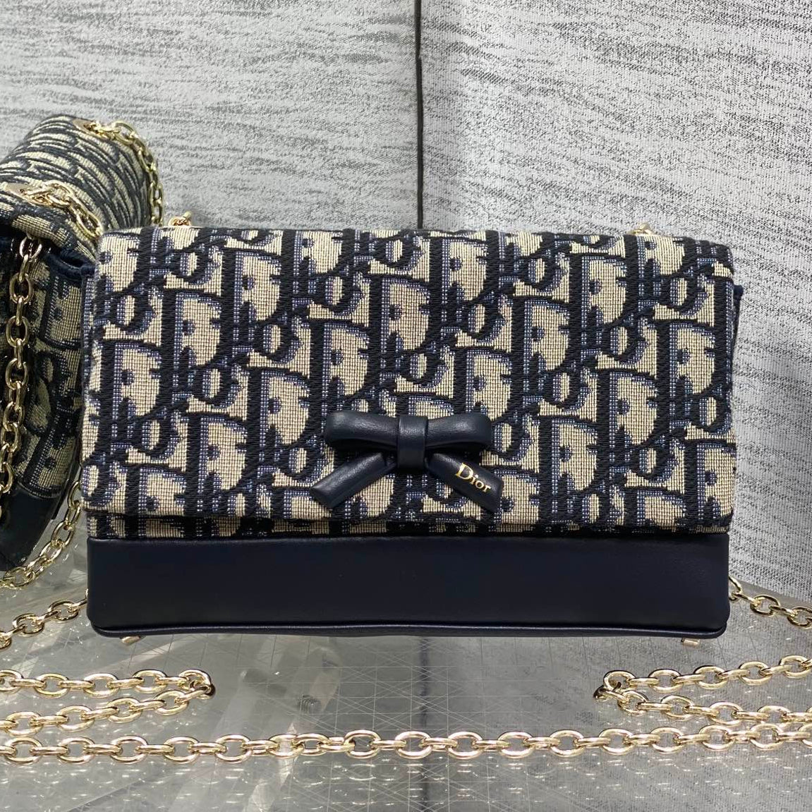 Dior 2026 Oblique Bow Bag 21cm Blue Beige Fabric Leather 378809