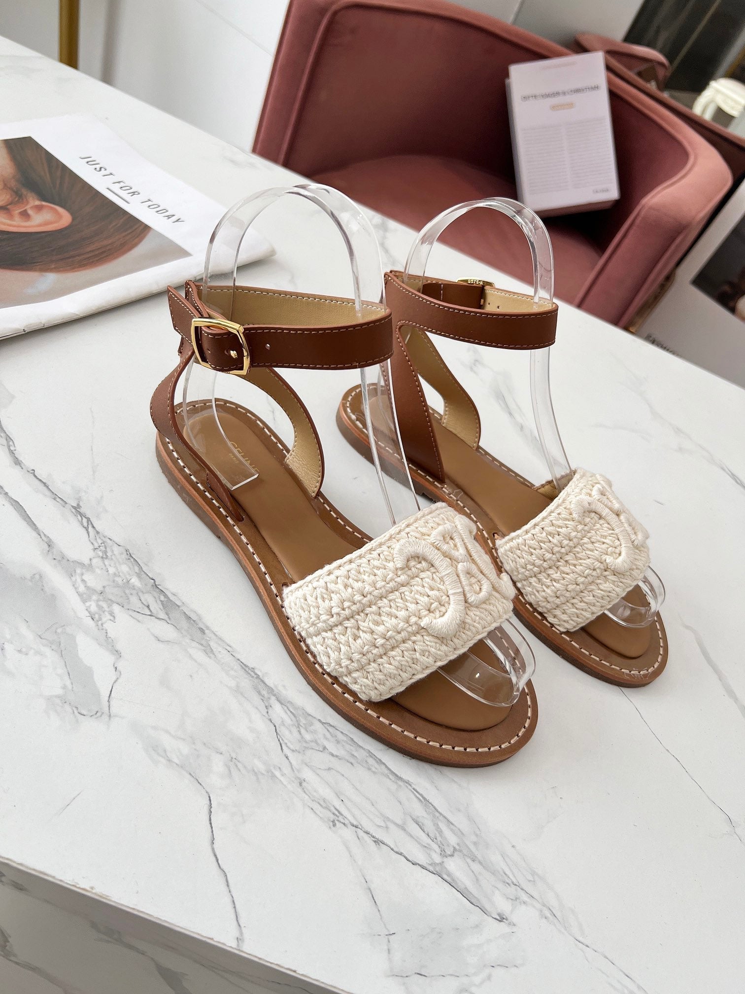 Celine 25C Lympia Sandal White Fabric with Calfskin 238175