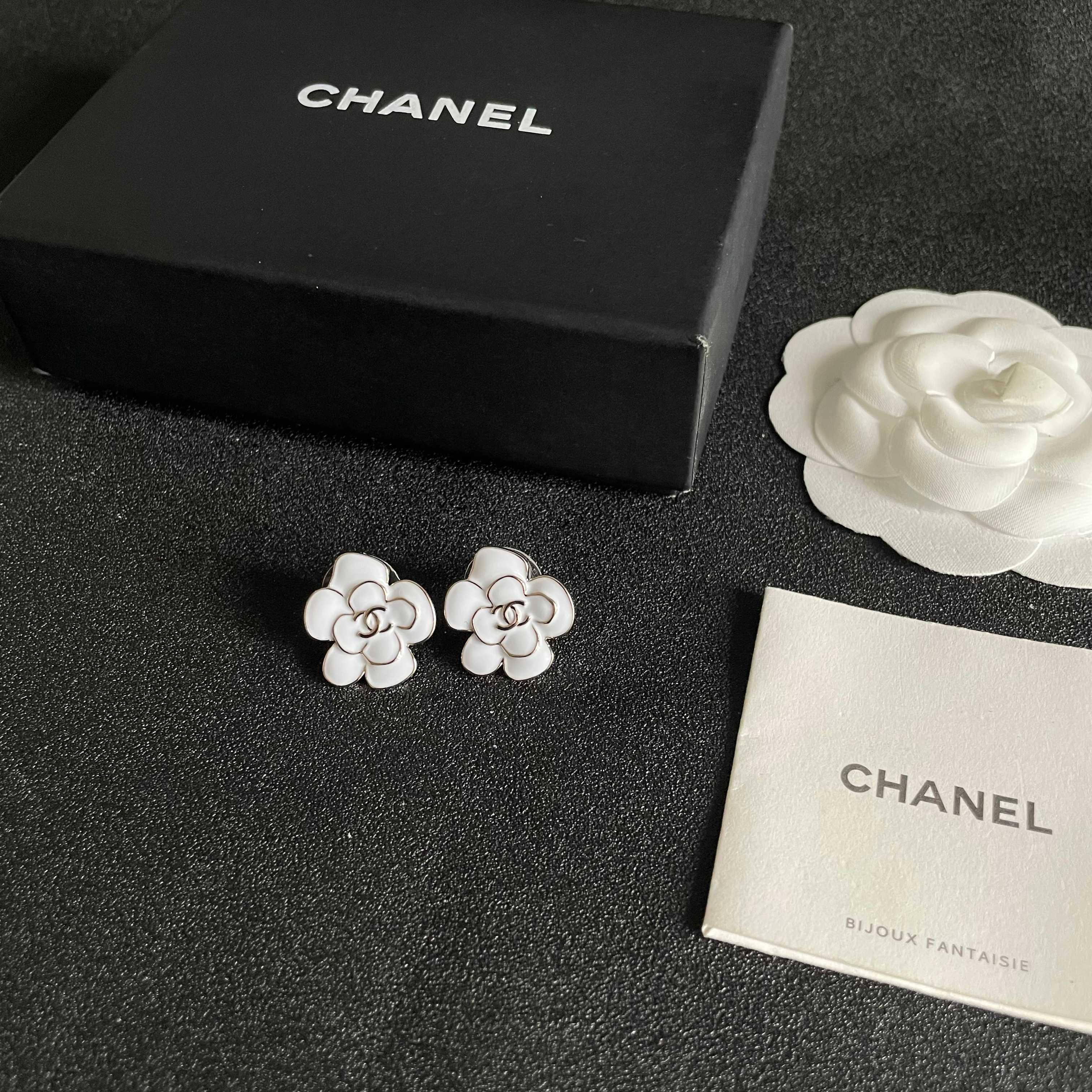 CC Camellia Double C White Gold Earrings