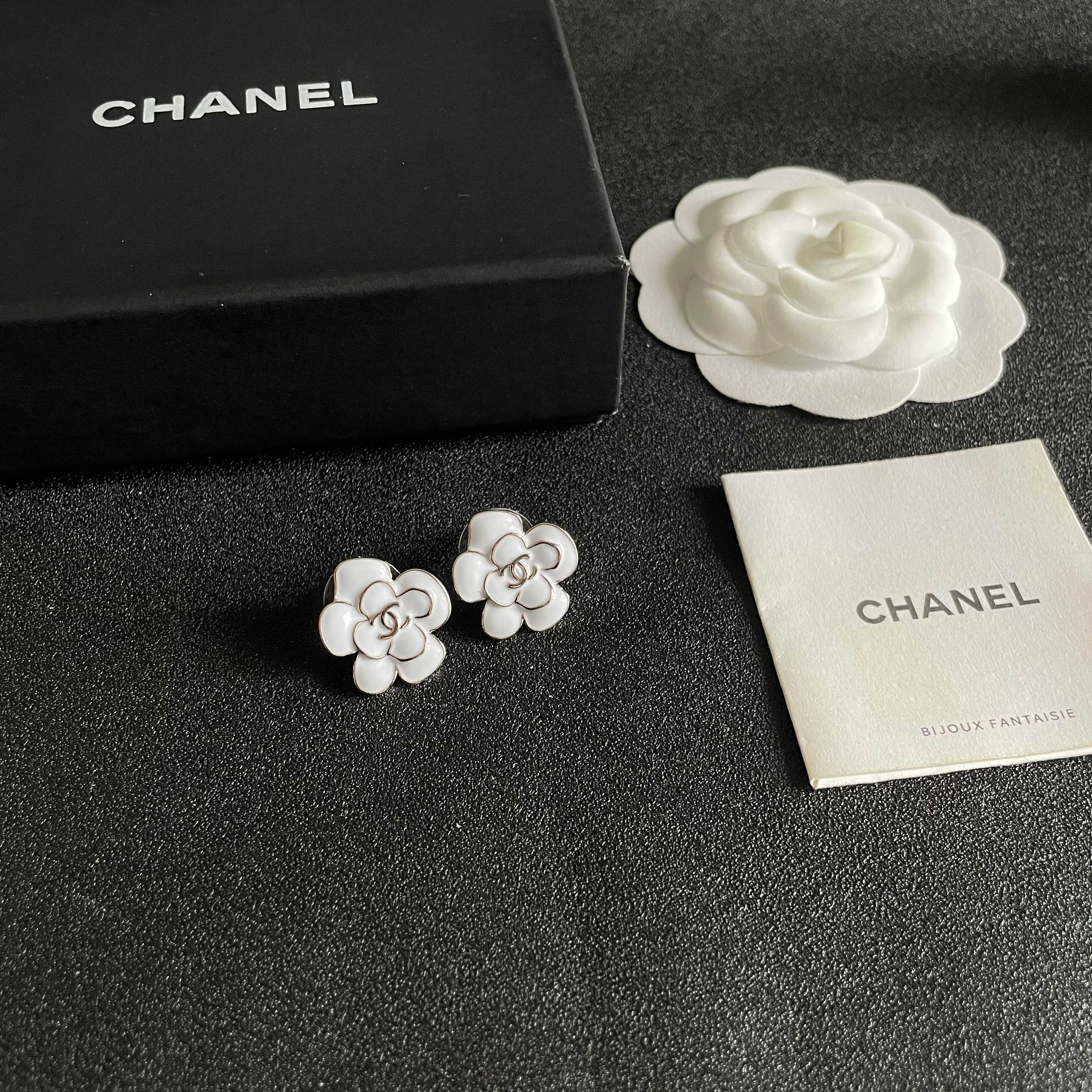 CC Camellia Double C White Gold Earrings