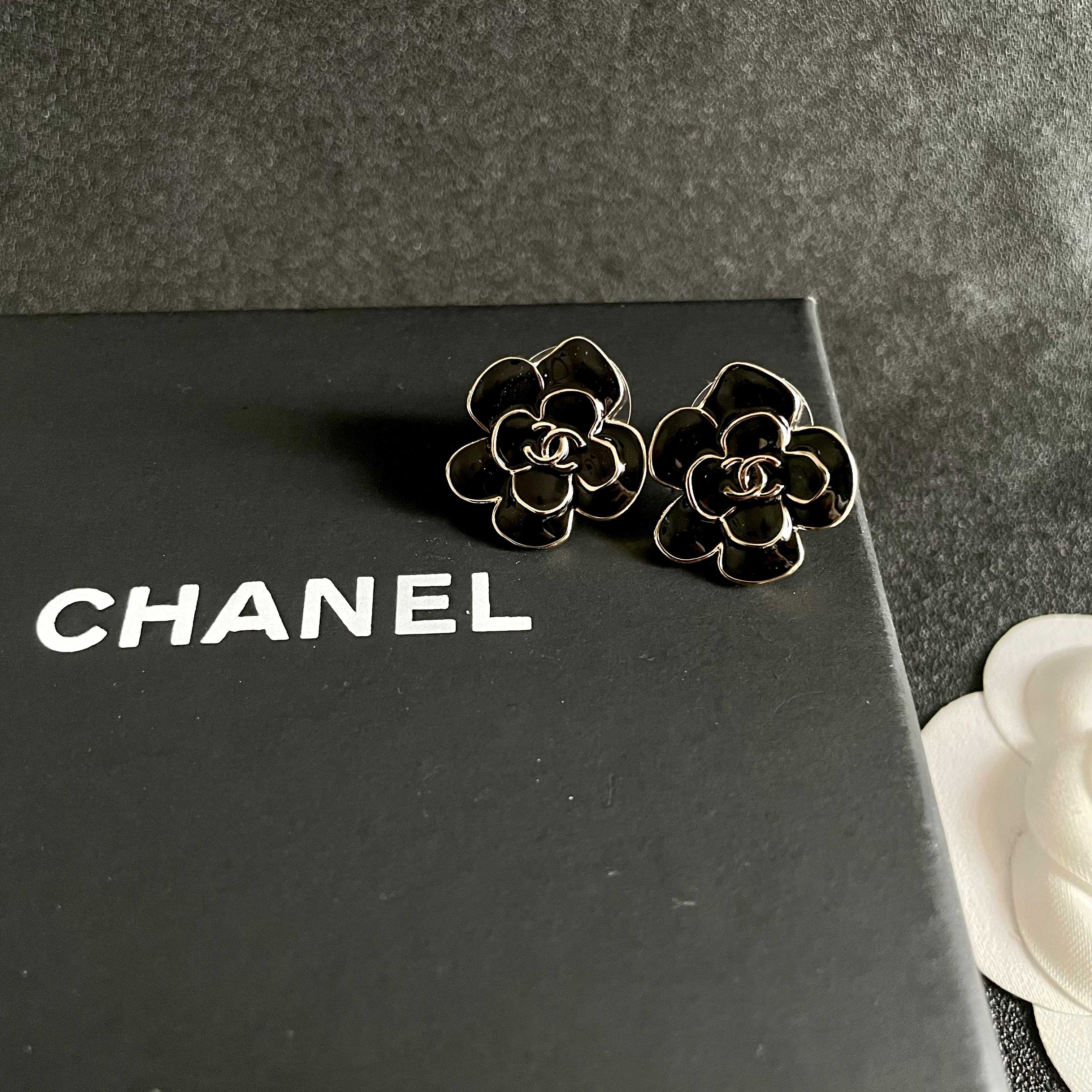 CC Camellia Double C Black Gold Earrings