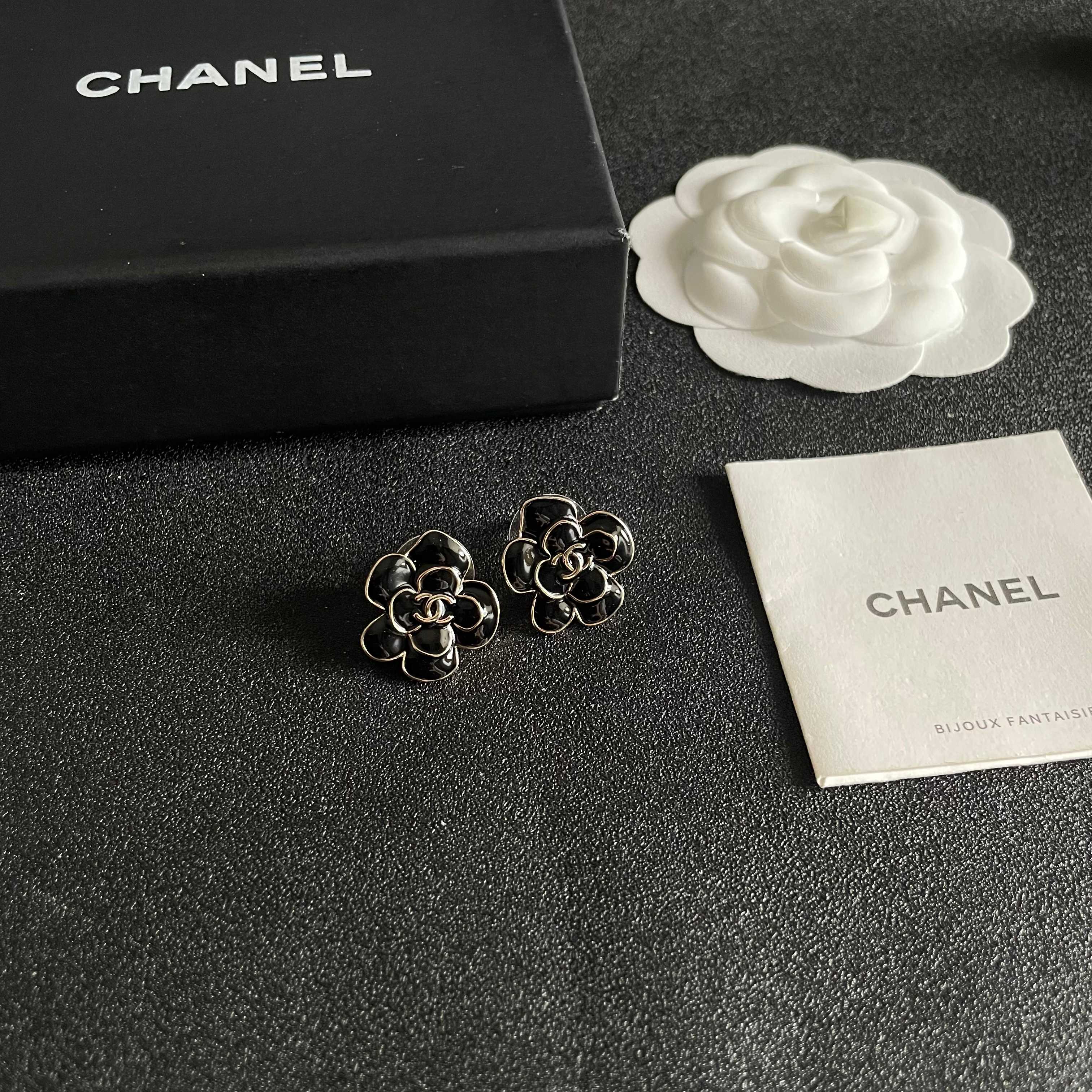 CC Camellia Double C Black Gold Earrings