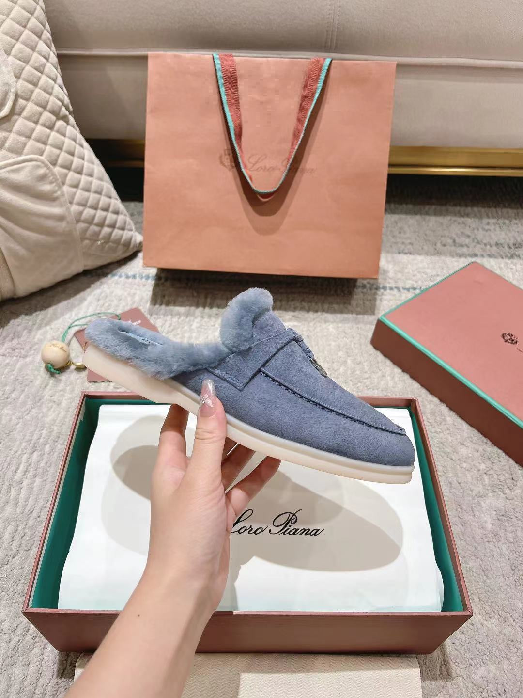 LP Charms Walk Babouche Loafer Pigeon Blue Suede With Rabbit Fur Lining 206238