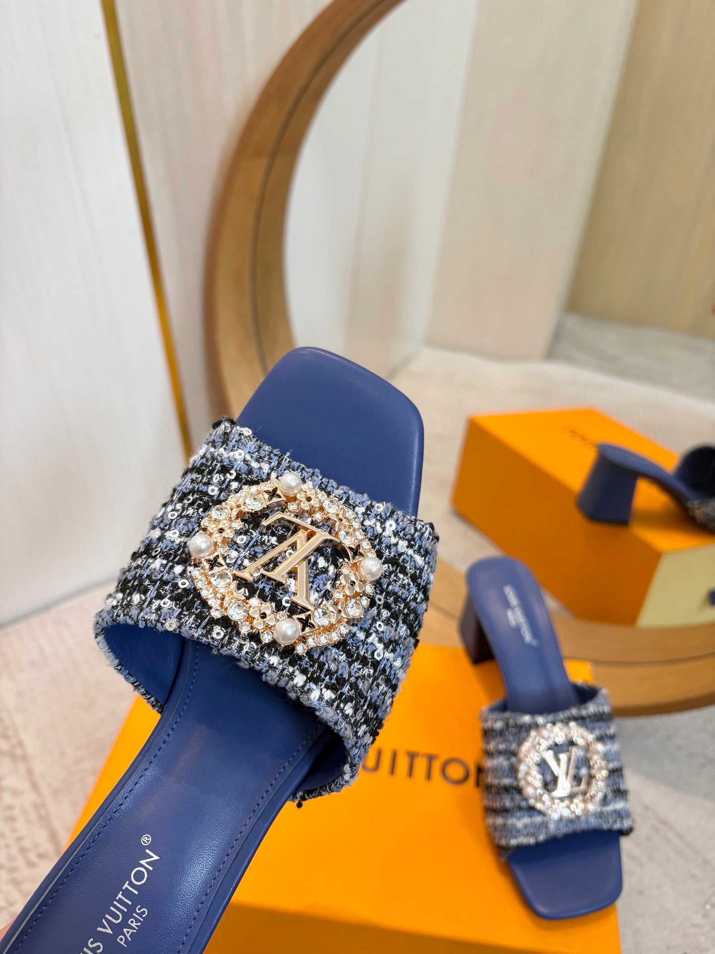 LV 26ss Heel Slippers 65 Dark Blue Tweed Goatskin 671251
