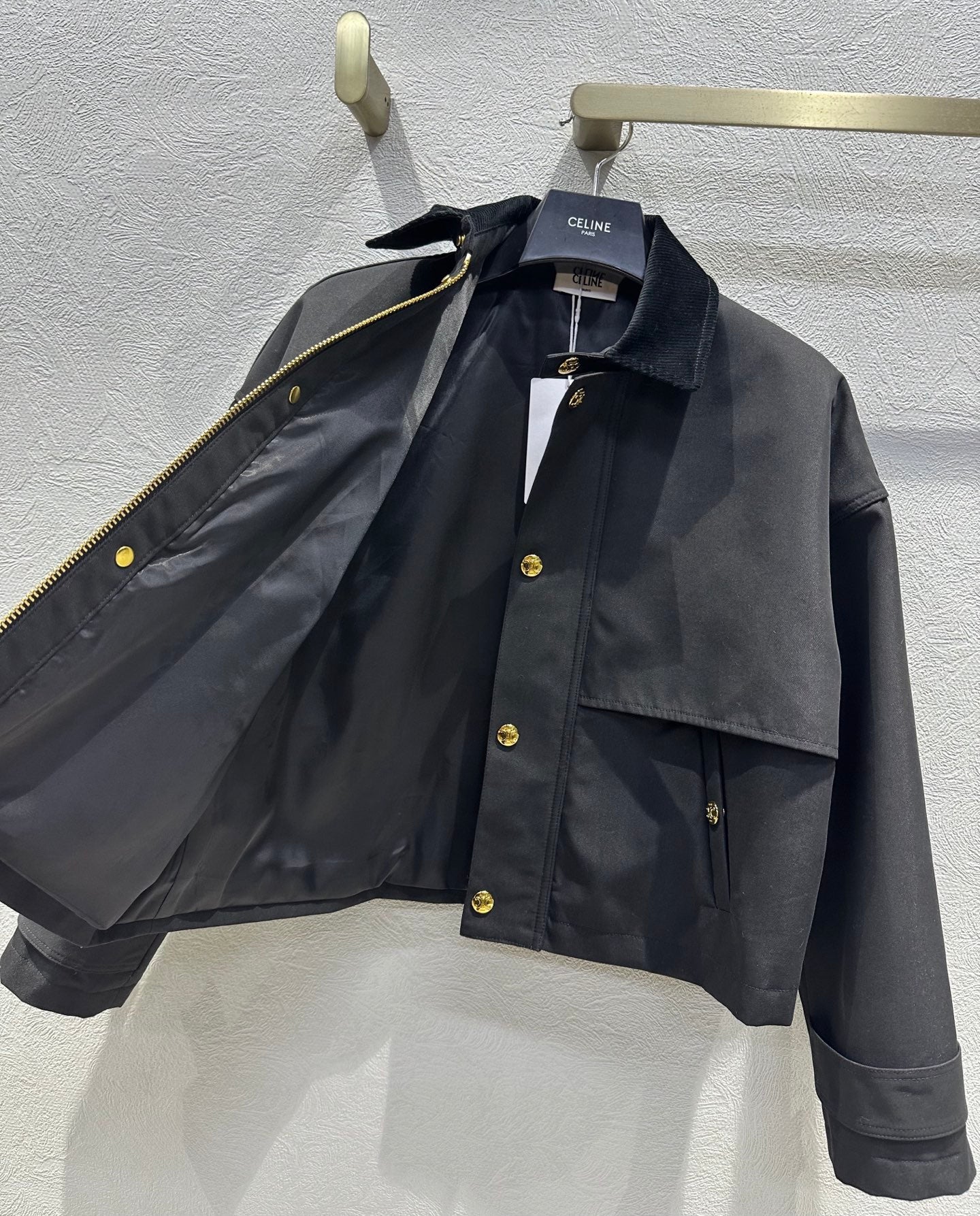 Celine 25 Lapel Short Trench Coat Black Gold Cotton Polyester
