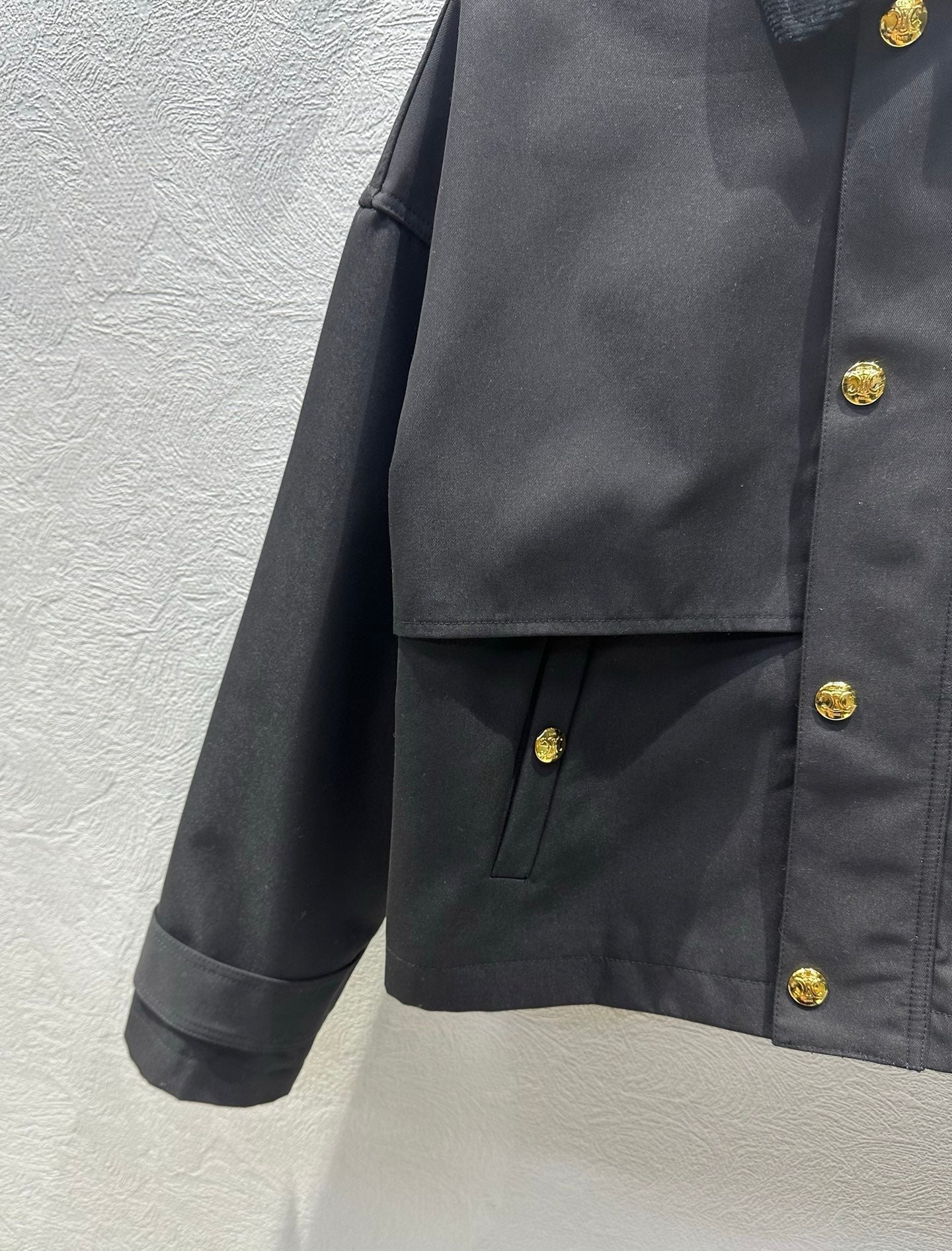 Celine 25 Lapel Short Trench Coat Black Gold Cotton Polyester