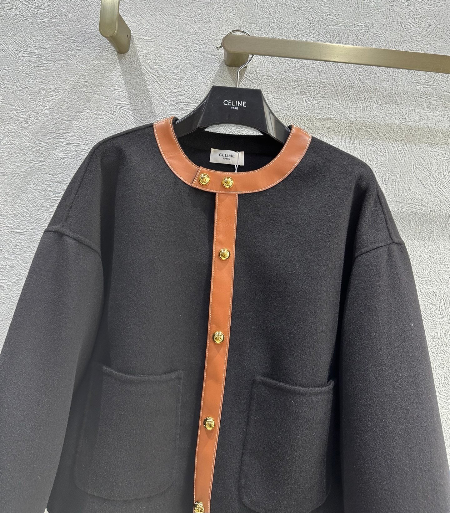 Celine 25 Round Neck Arc de Triomphe Jacket Black Brown Cashmere