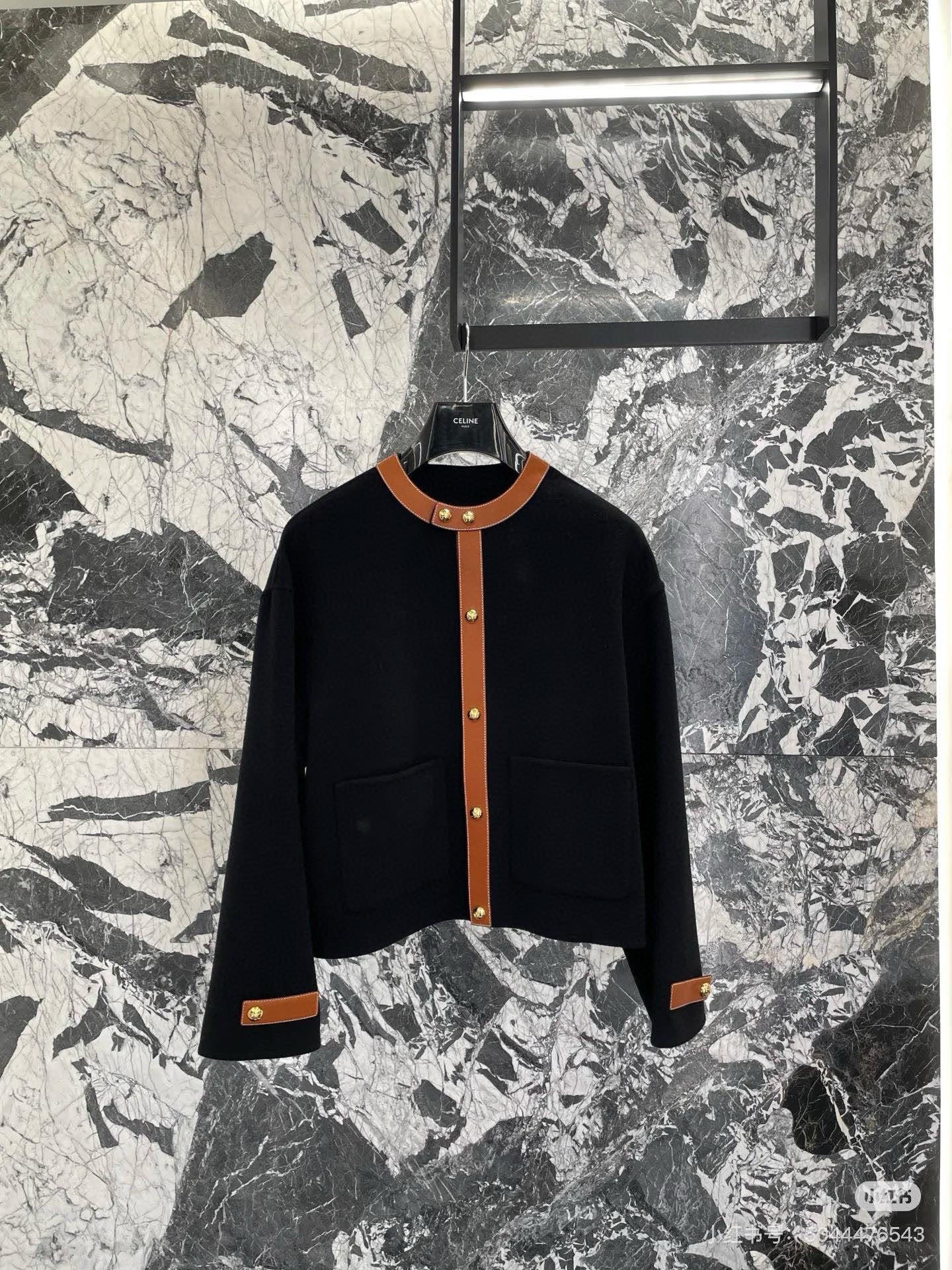 Celine 25 Round Neck Arc de Triomphe Jacket Black Brown Cashmere