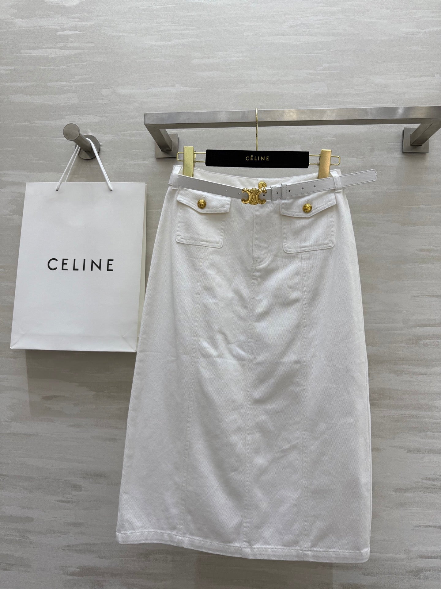 Celine 25 Denim Skirt with Logo Belt White Cotton
