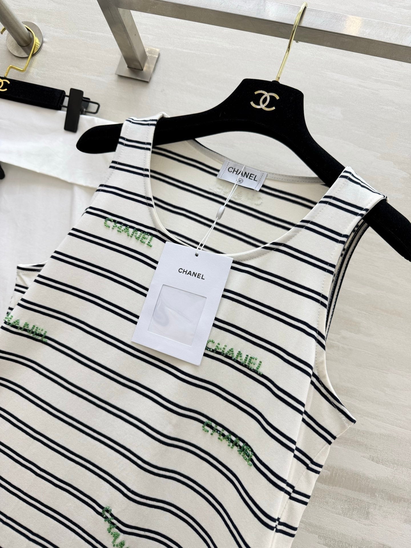 Chanel 2026 Striped Embroidered Vest White Black Cotton 213363