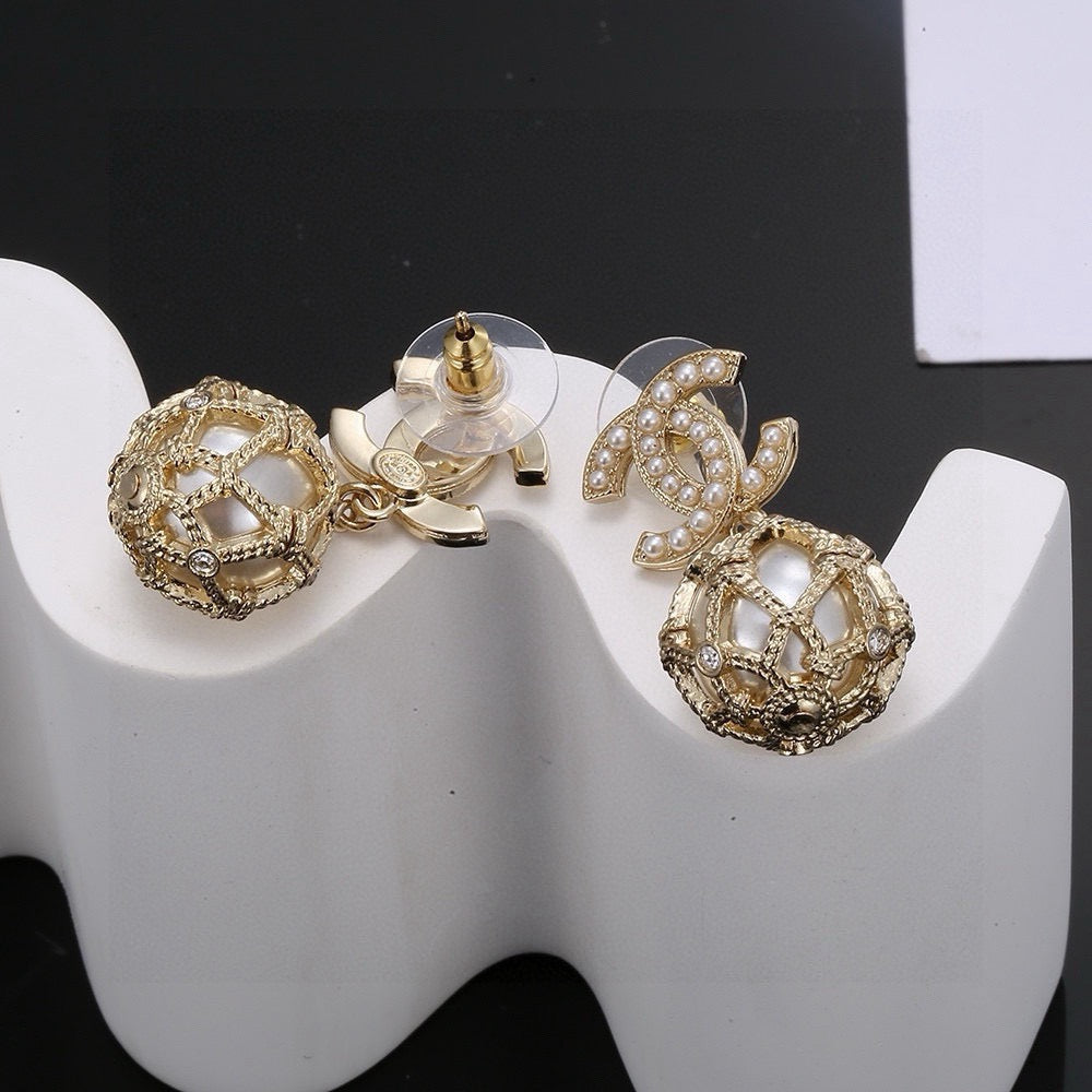 CC Double C Gold Diamond Pearl Earrings