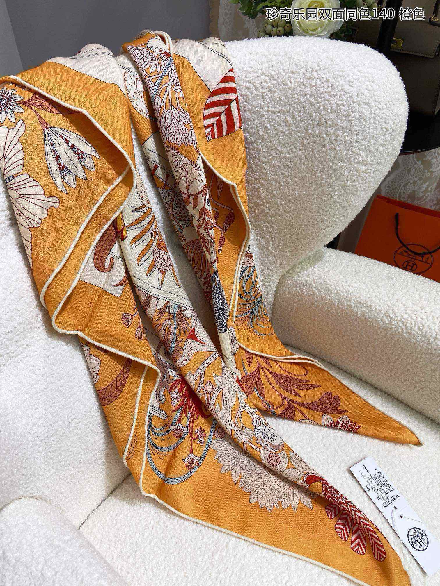 Square Scarf 140 CM Yellow Orange Colorful Cashmere And Silk