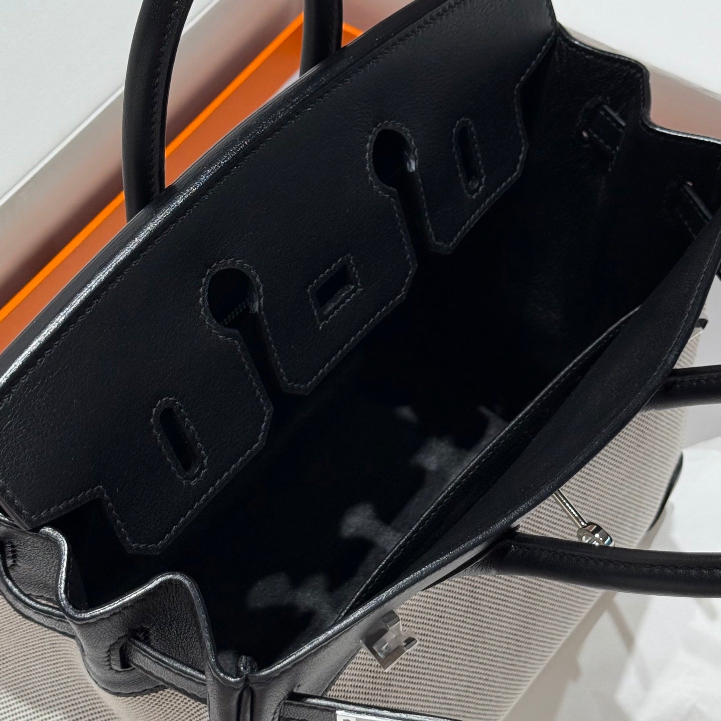 HM Birkin 25cm Black Swift Grey Canvas Silver Hardware