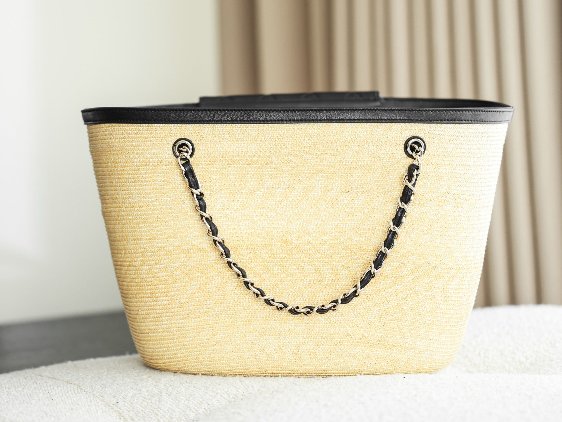 Chanel 2026 Shopping Bag 53cm Beige Black Straw Lambskin 351018