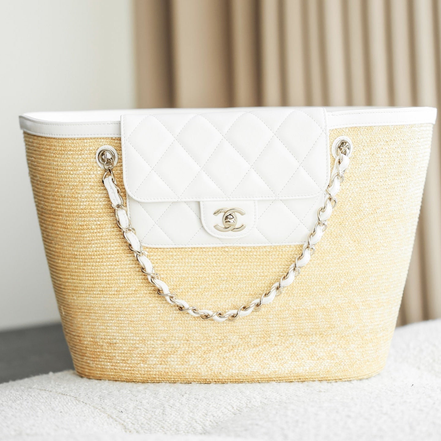 Chanel 2026 Shopping Bag 53cm Beige White Straw Lambskin