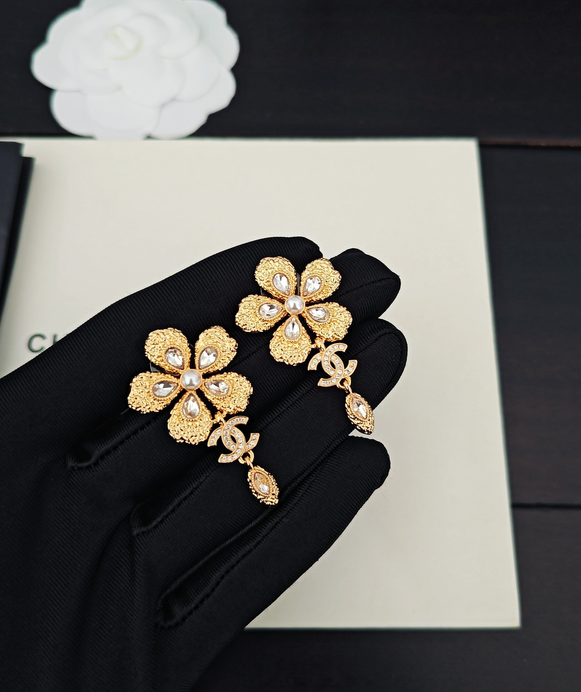 CC Flower Double C Diamond Gold Earrings