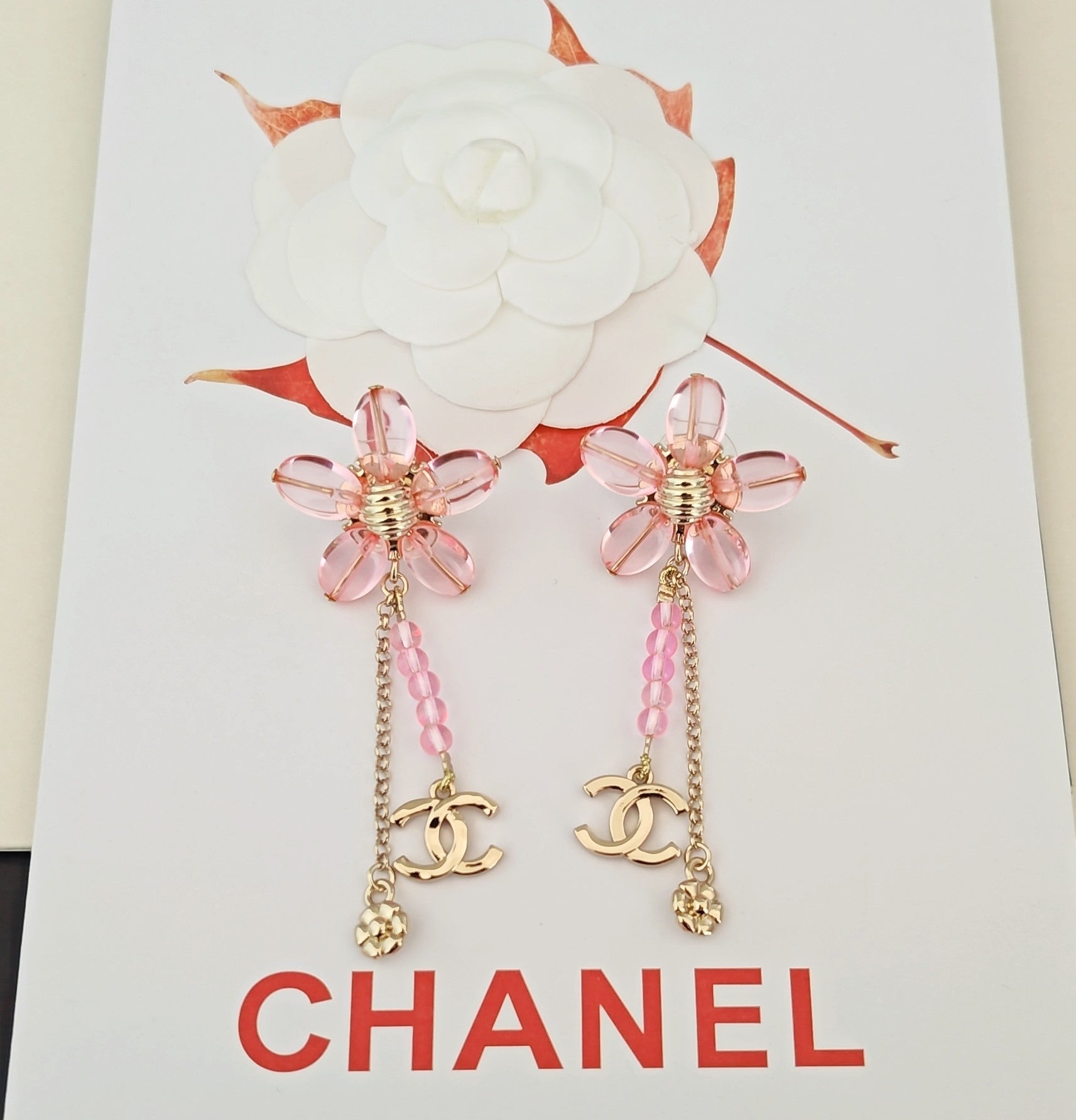 CC Double C Pink Olive Bead Flower Tassel Gold Earrings