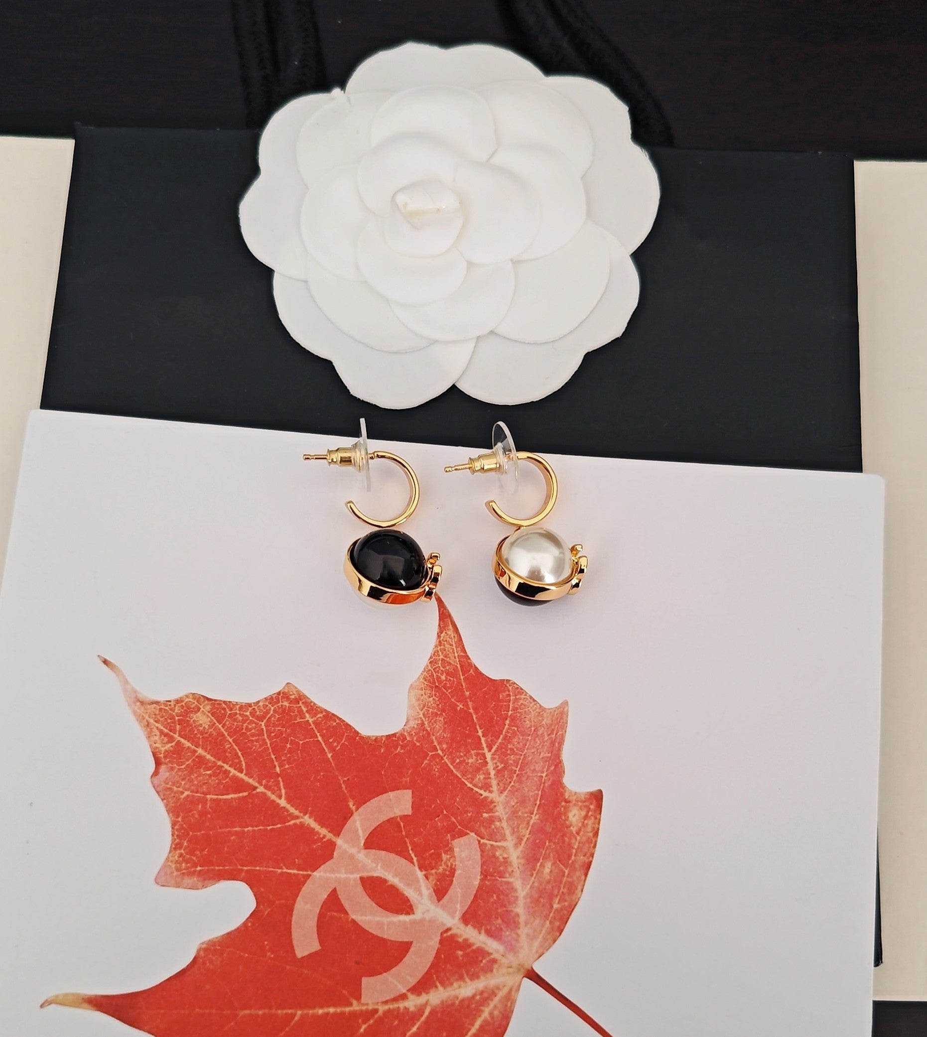 CC Double C Black White Ball Gold Earrings