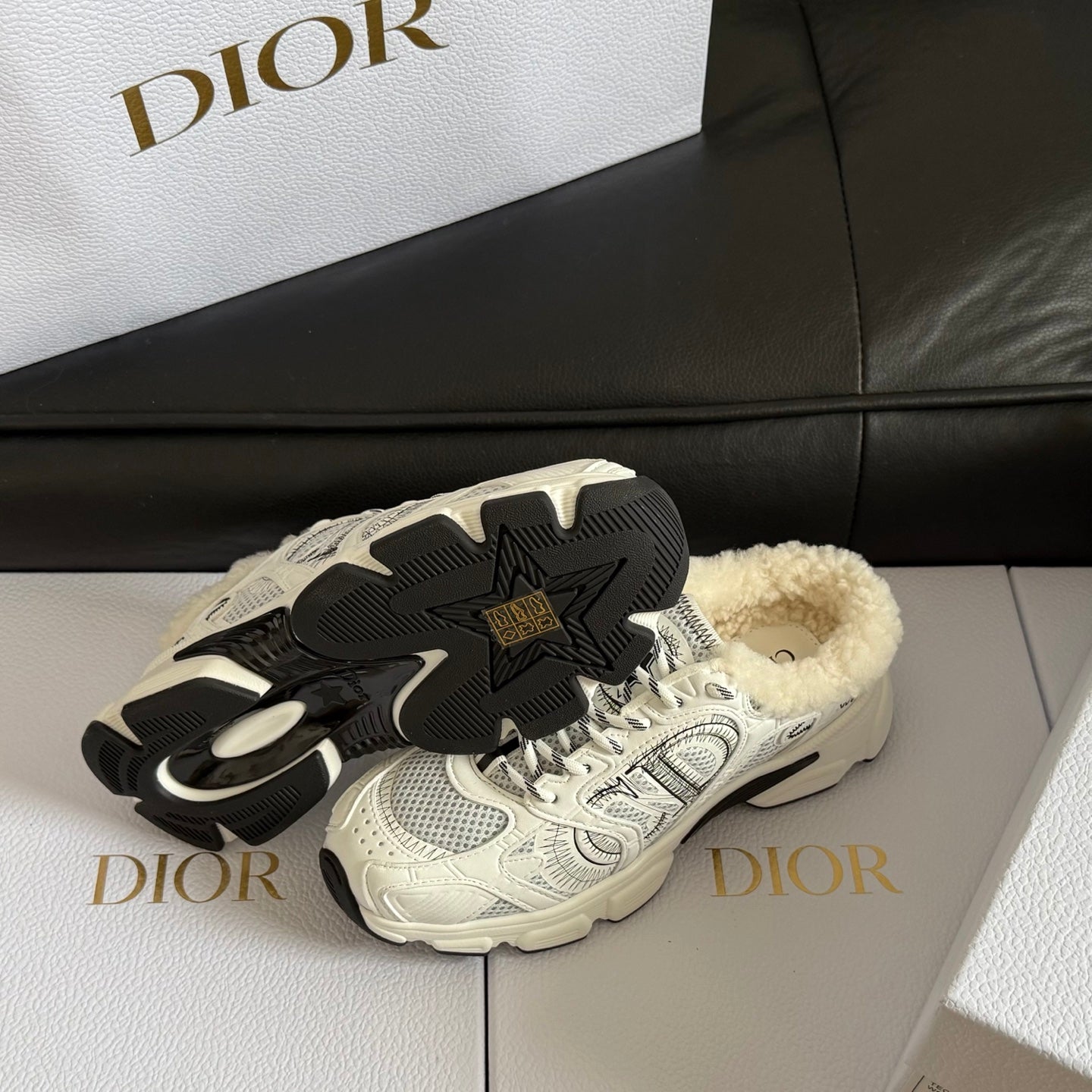 Dior 25 Chrono Sneakers Cream Black Mesh Calfskin 531390