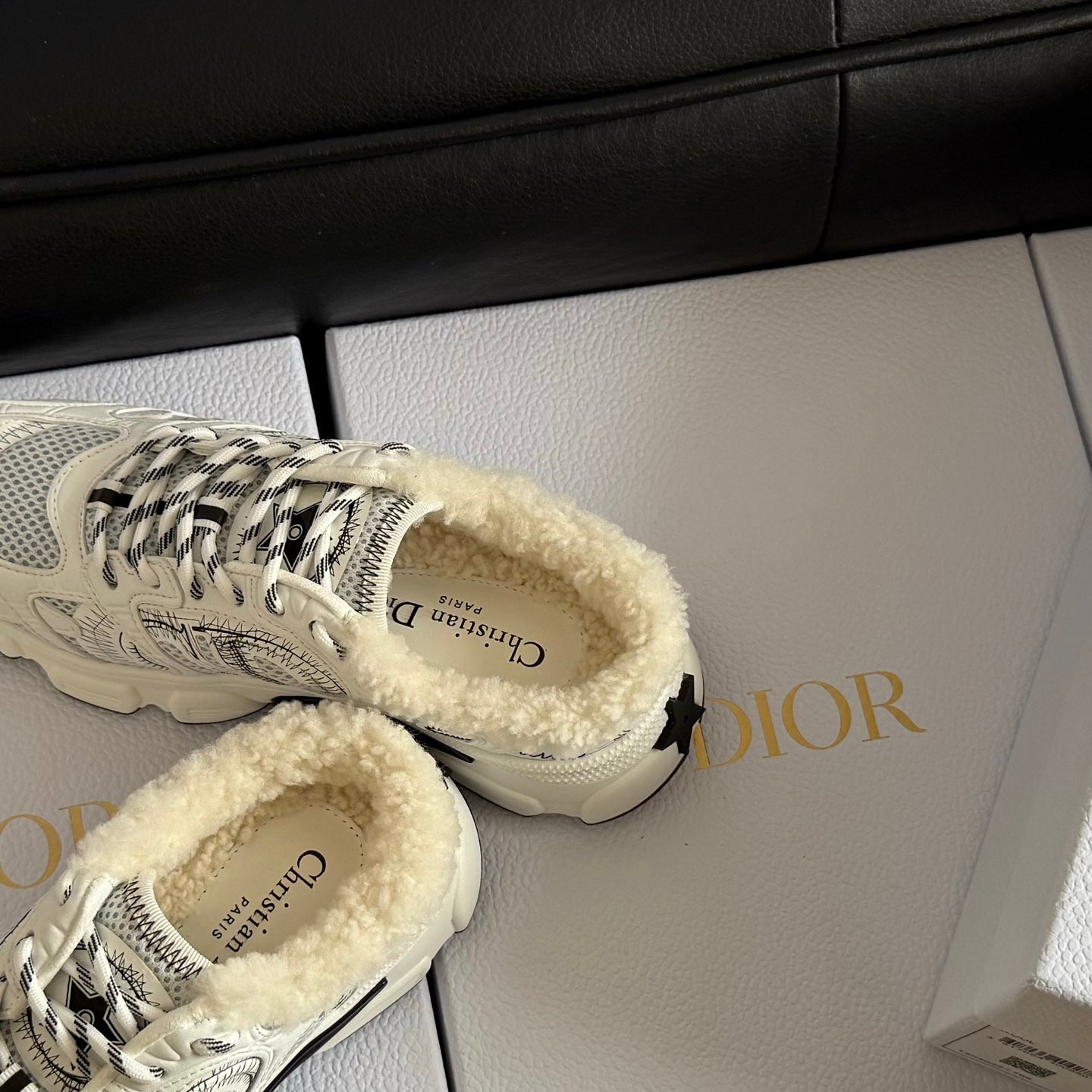 Dior 25 Chrono Sneakers Cream Black Mesh Calfskin 531390