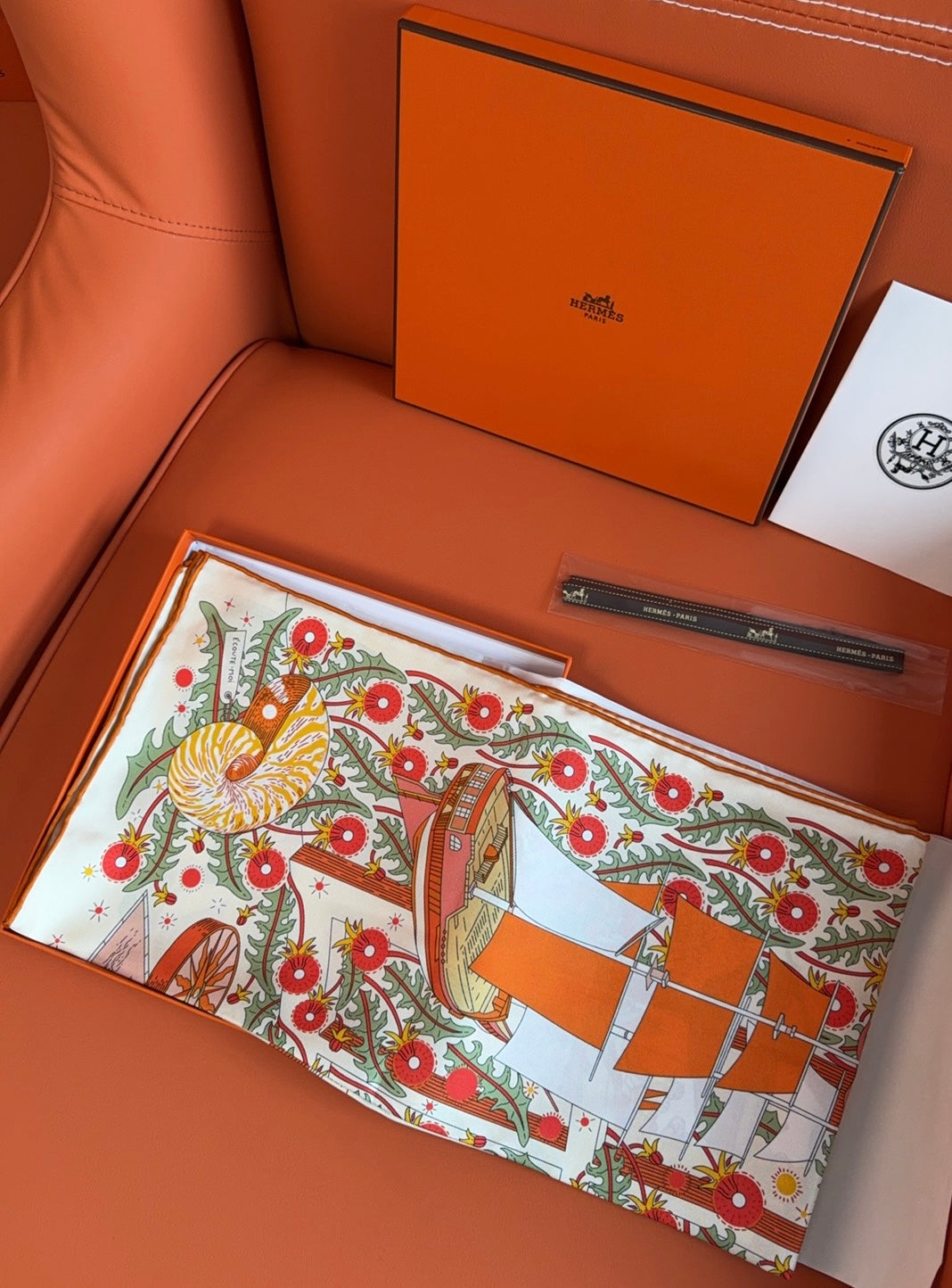 HM 26s 90 Scarf Orange White Colorful Mulberry Silk 153382