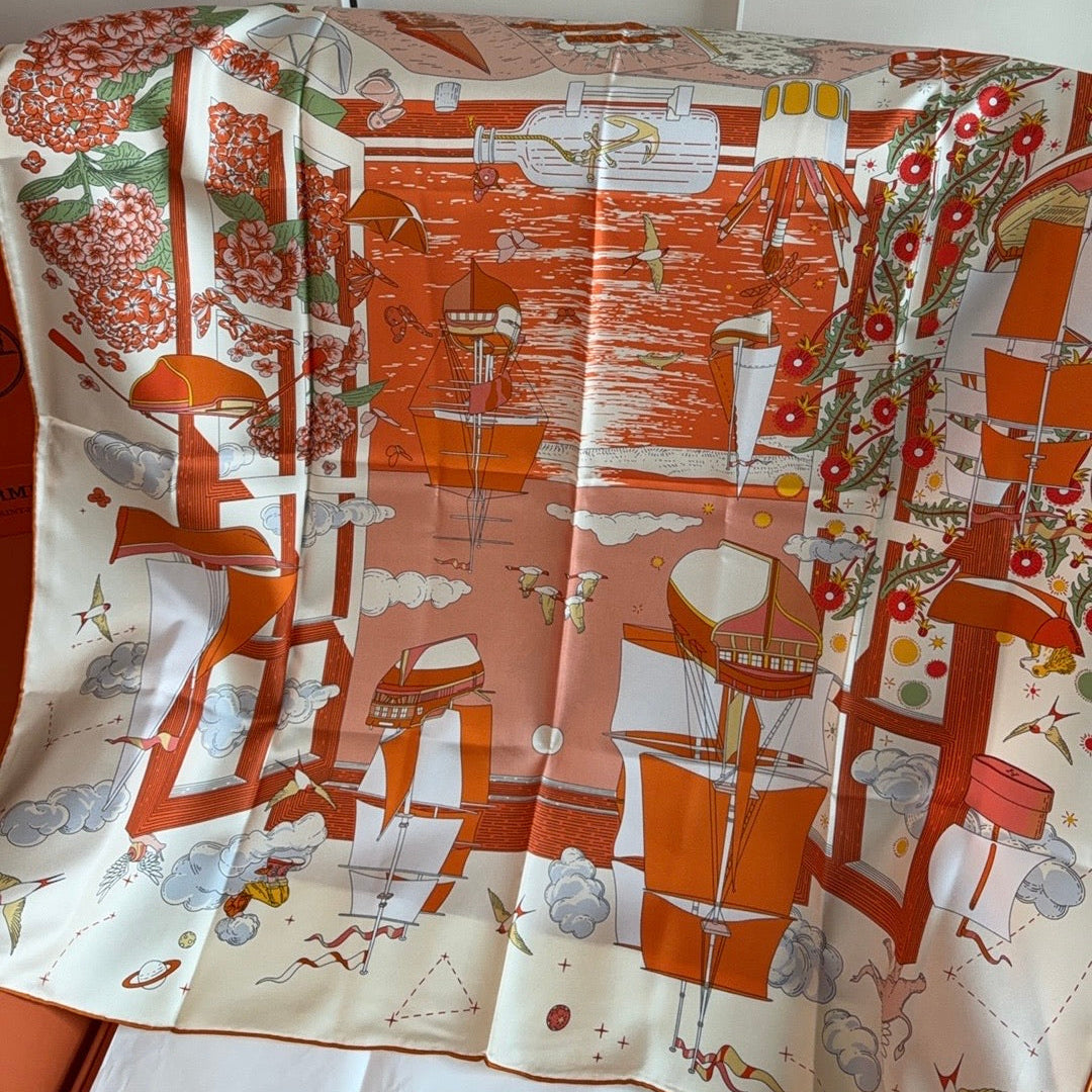 HM 26s 90 Scarf Orange White Colorful Mulberry Silk 153382