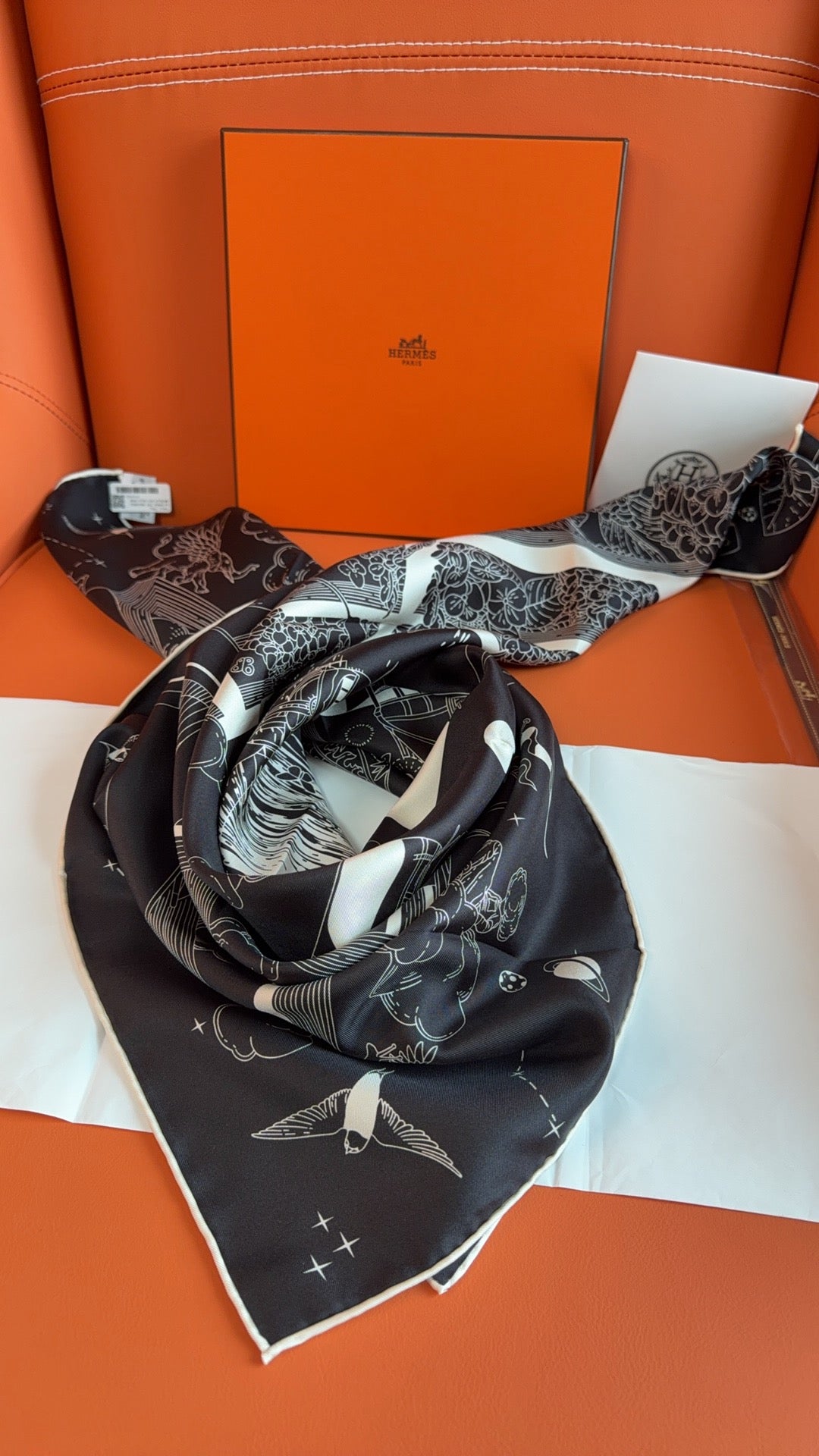 HM 26s 90 Scarf Black White Colorful Mulberry Silk 153396