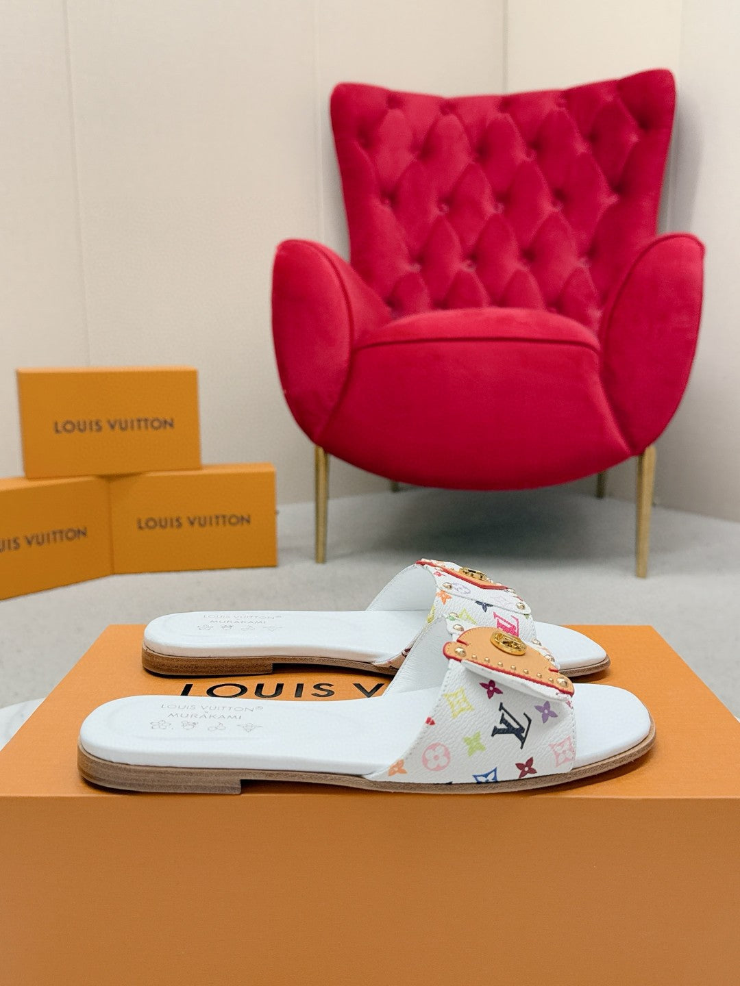 LV 26ss Slippers White Multicolor Monogram Sheepskin 671274