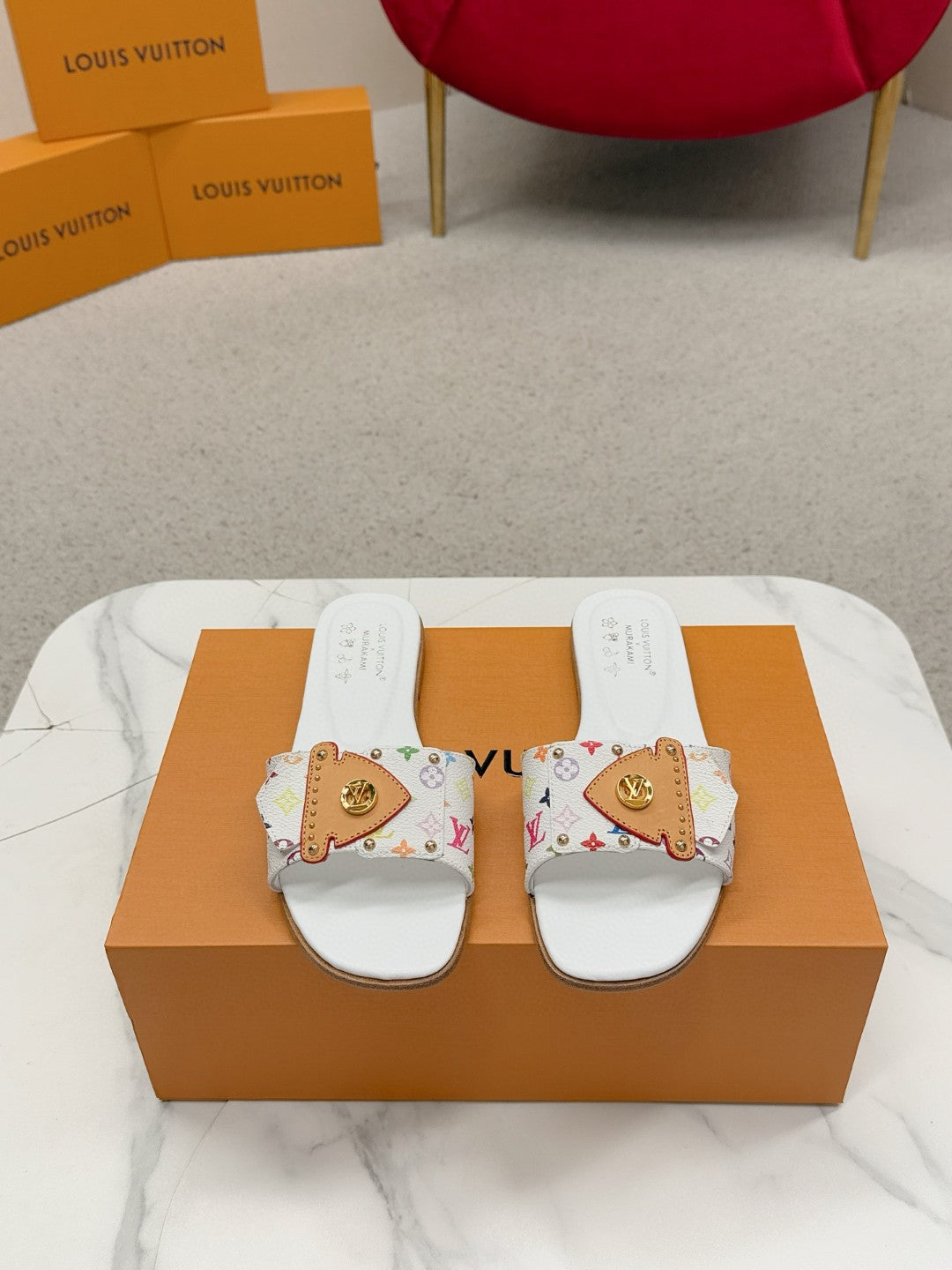 LV 26ss Slippers White Multicolor Monogram Sheepskin 671274