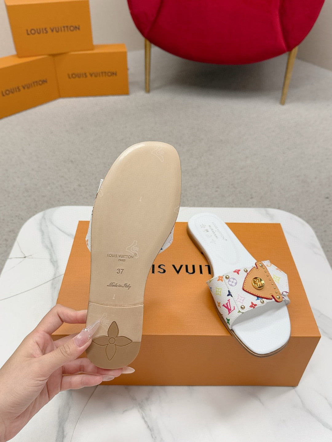 LV 26ss Slippers White Multicolor Monogram Sheepskin 671274