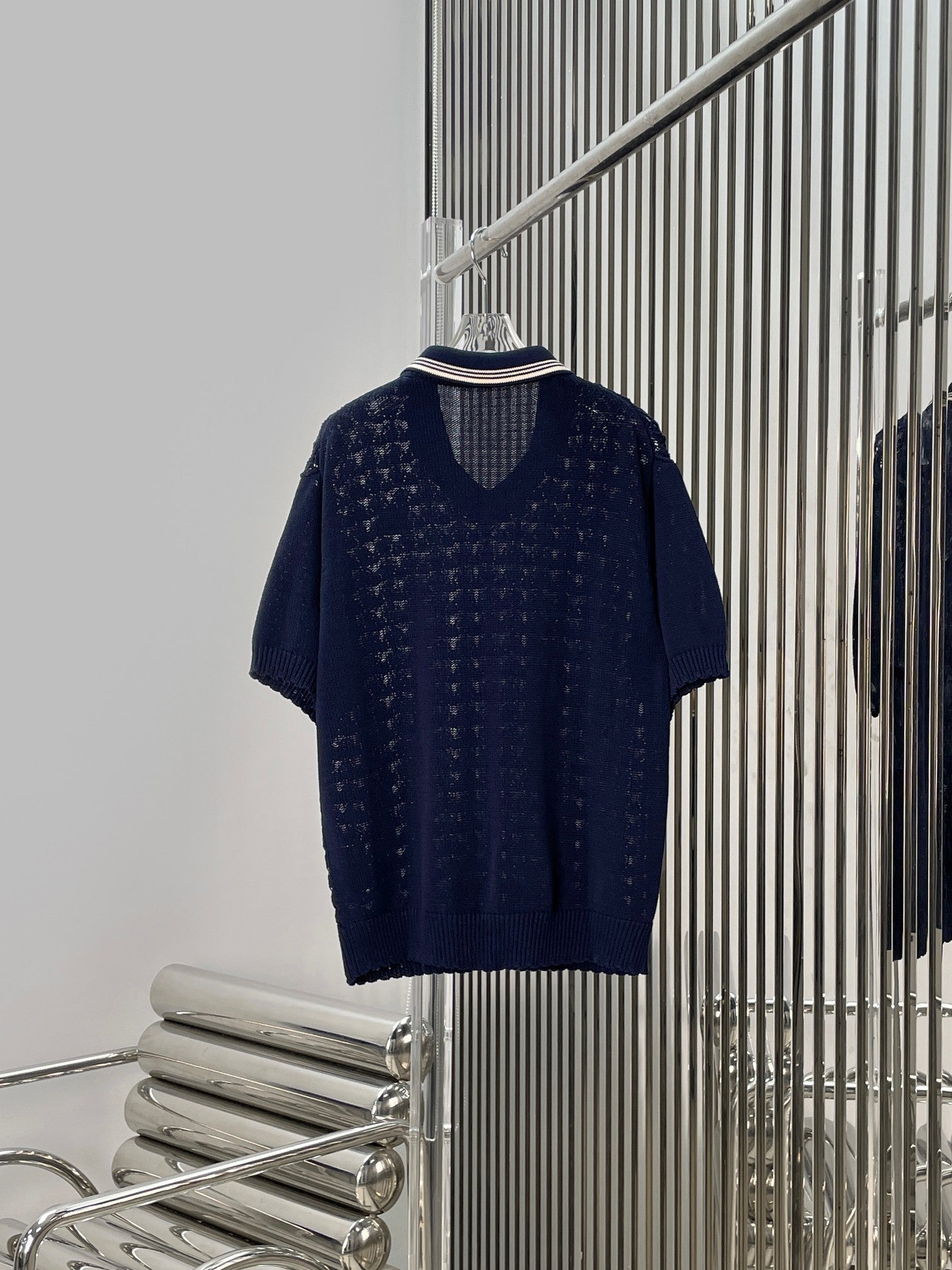 Miumiu 2026 Openwork Knit Crochet Shirt Navy Blue Wool