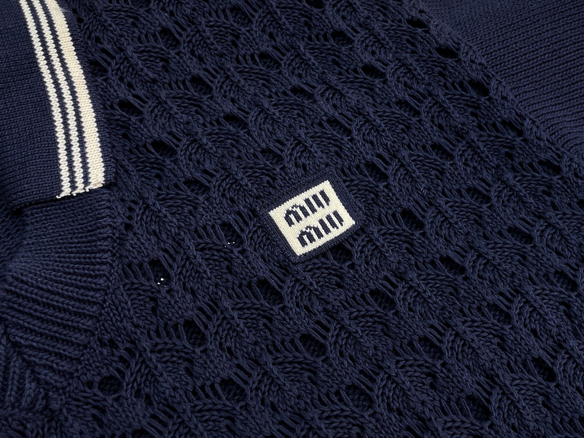 Miumiu 2026 Openwork Knit Crochet Shirt Navy Blue Wool