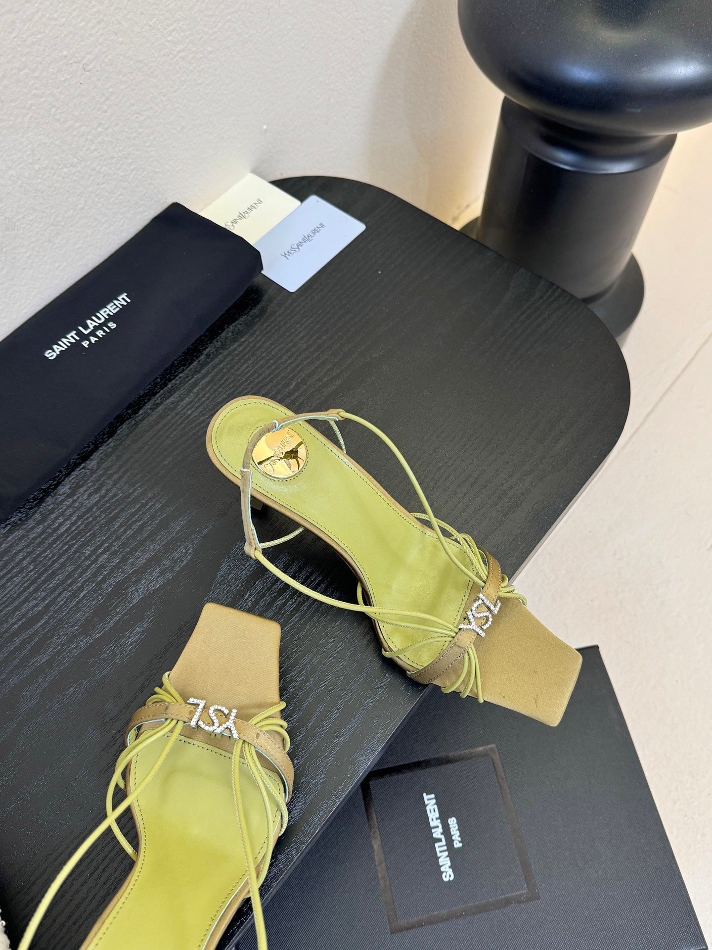 YSL 26ss Square Toe Sandals 70 Light Green Silk Sheepskin 651704
