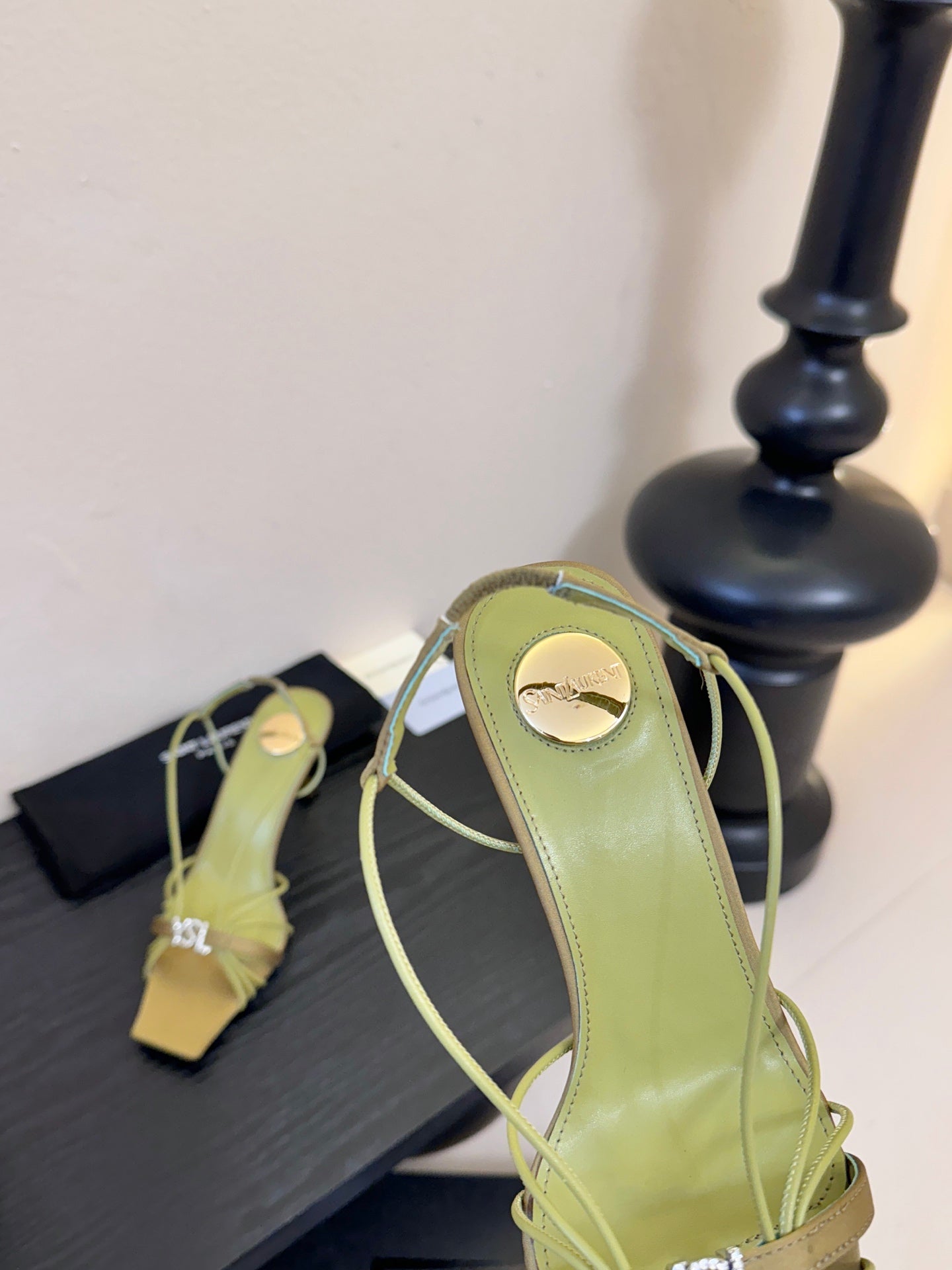 YSL 26ss Square Toe Sandals 70 Light Green Silk Sheepskin 651704