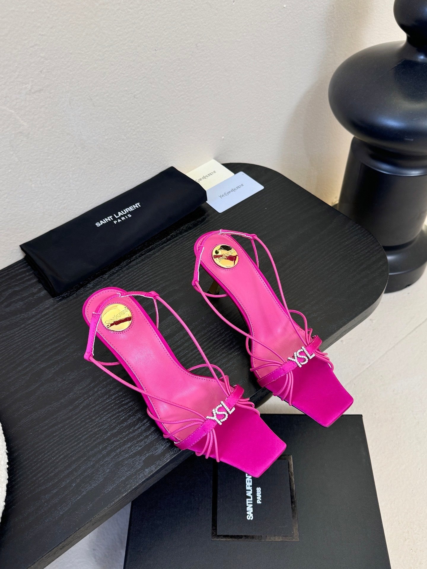 YSL 26ss Square Toe Sandals 70 Bright Pink Silk Sheepskin 651707
